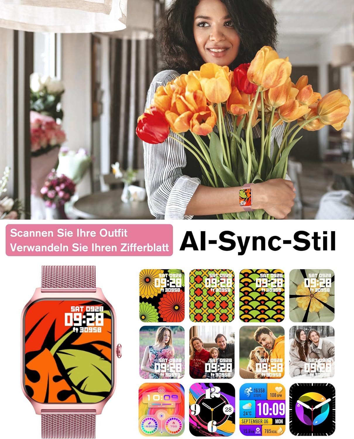 Zevelora Damen's Telefonfunktion IP68 wasserdicht Fitness Tracker Smartwatch (1,83 Zoll, Android/iOS), mit Menstruationszyklus Herzfrequenz Schlafmonitor SpO2 Schrittzähler