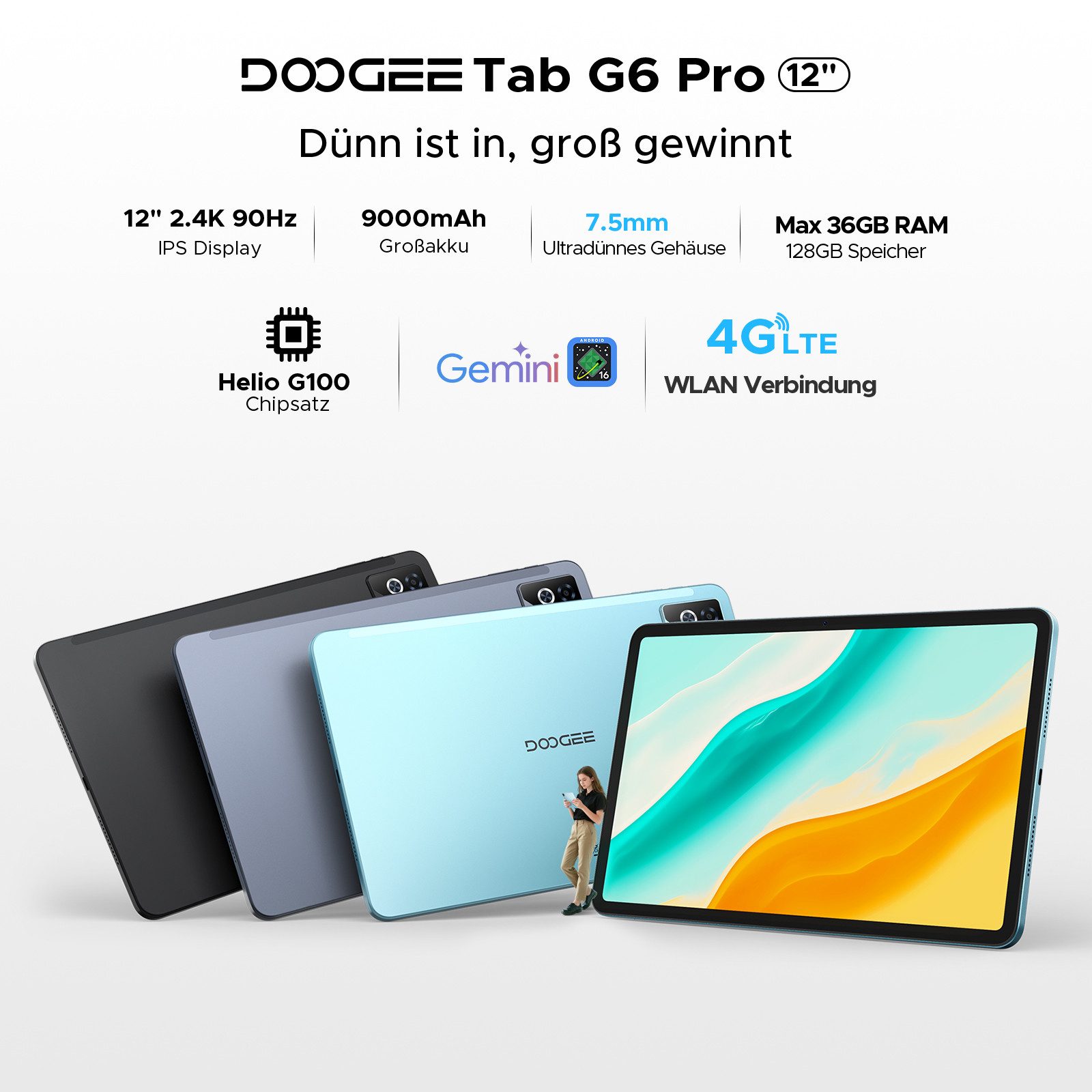 DOOGEE Tab G6 Pro 12'' Tablet mit Tastatur Android 16, 2.4K 90Hz, 128GB/2TB Tablet (12", 128 GB, Android 16, Wifi, Helio G100 Octa-Core, 9000mAh, 8GBRAM, Face ID/Gemini AI)