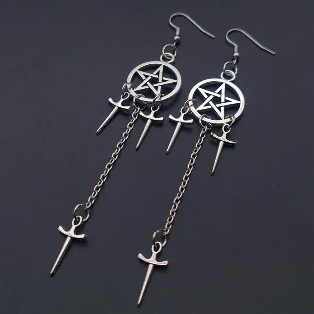 Eyecatcher Paar Ohrhaken Ohrringe Pentagram mit Schwerter Drop Chain Gothic Punk Kultur (Paar)