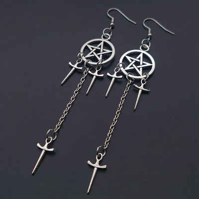 Eyecatcher Paar Ohrhaken Ohrringe Pentagram mit Schwerter Drop Chain Gothic Punk Kultur (Paar)