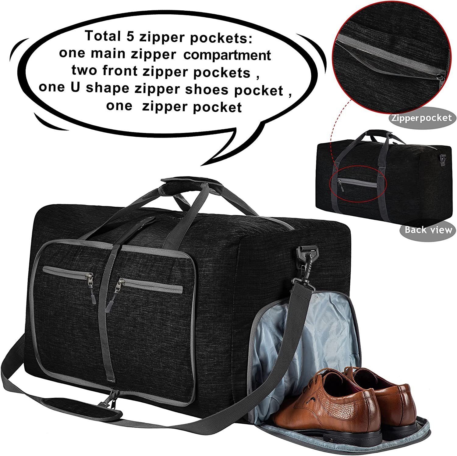 Leichte Schwarz 65L mit Groß Sporttasche Faltbare Schuhfach Reisetasche Reisetasche autolock