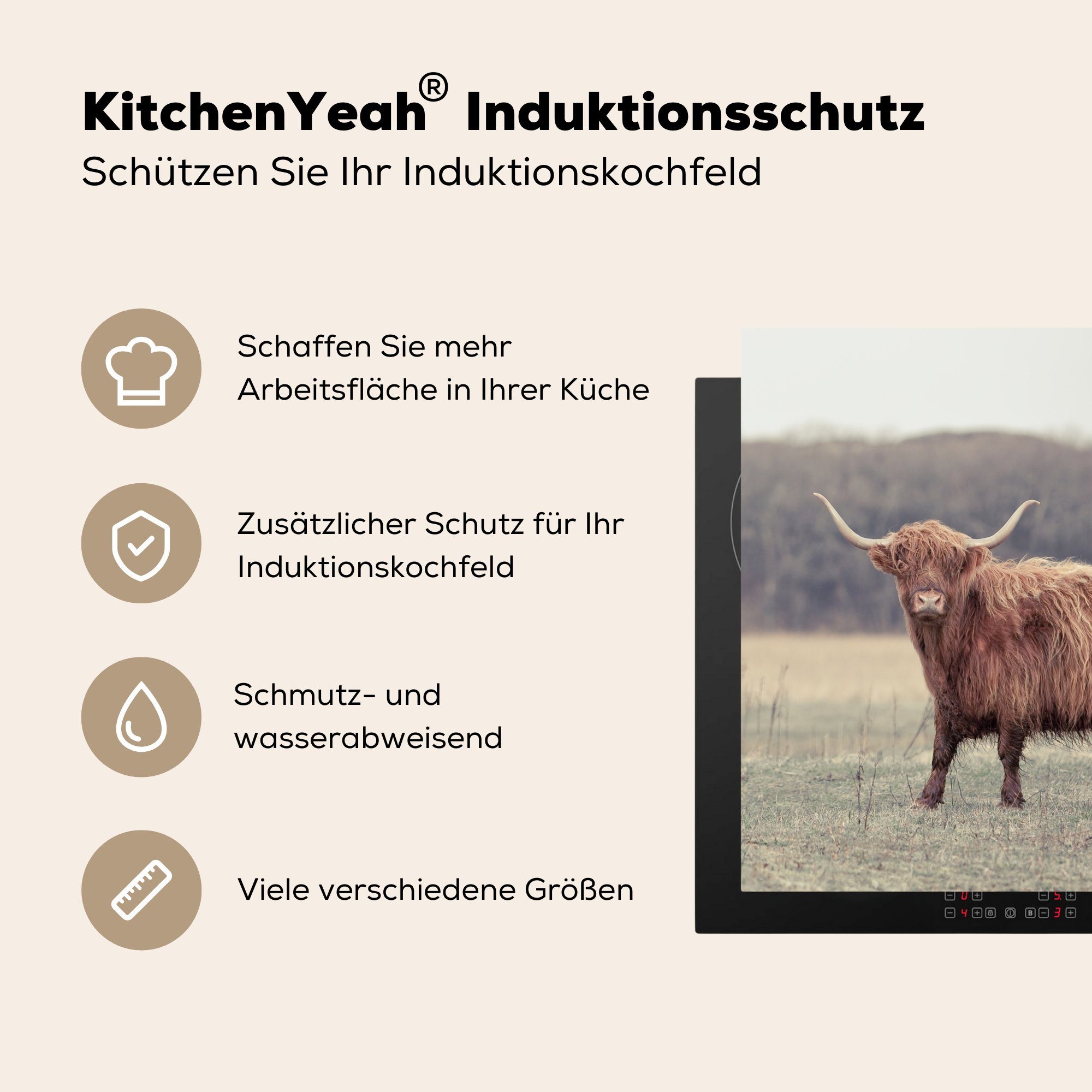 78x78 Highlander - küche Herdblende-/Abdeckplatte MuchoWow cm, Ceranfeldabdeckung, Gras (1 Schottische - Bergkuppen, Vinyl, Arbeitsplatte für tlg),