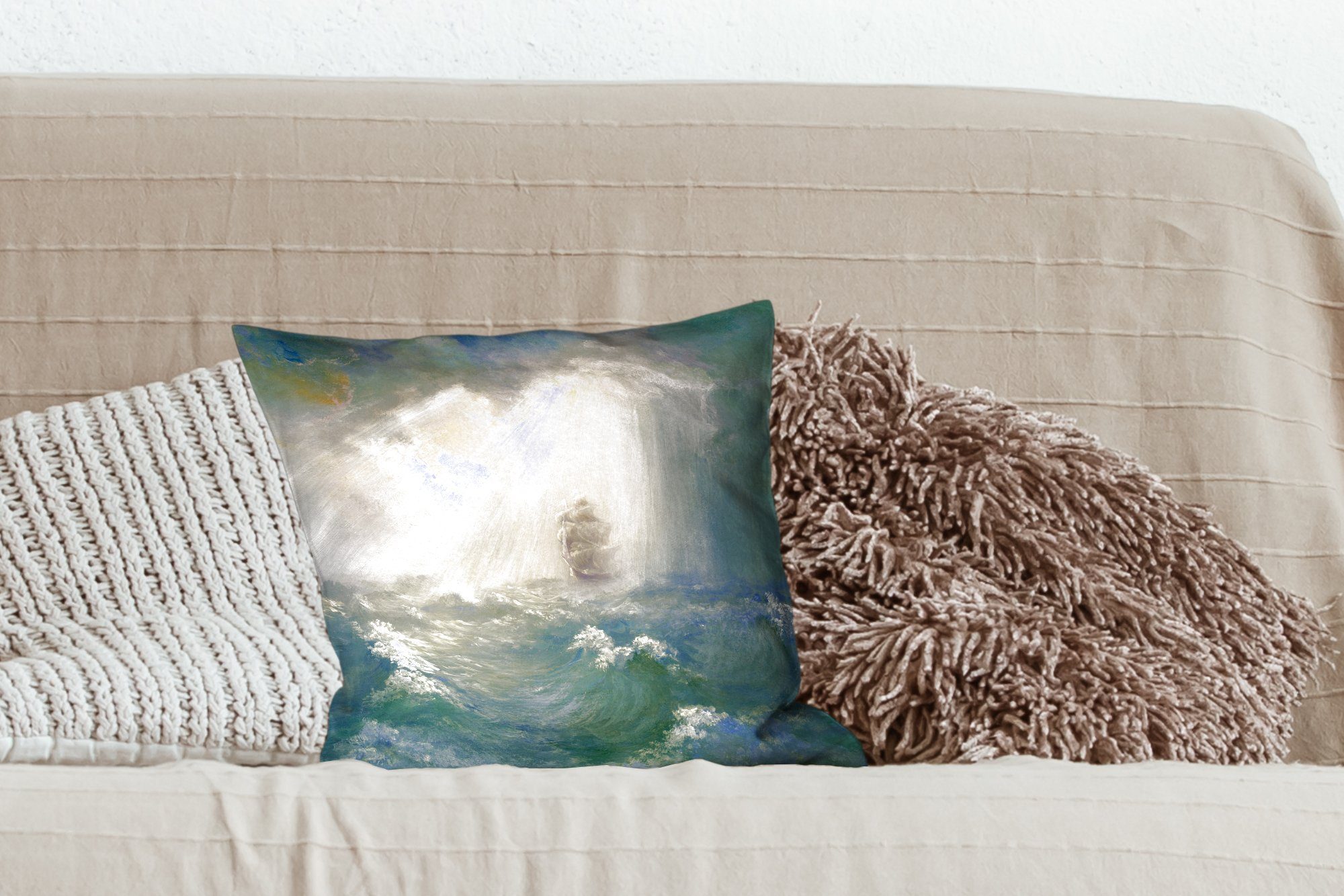 Wohzimmer, Deko, Zierkissen mit Dekokissen Füllung Illustration MuchoWow von Sonne eines Sofakissen der Schlafzimmer, für beleuchteten Segelschiffs,