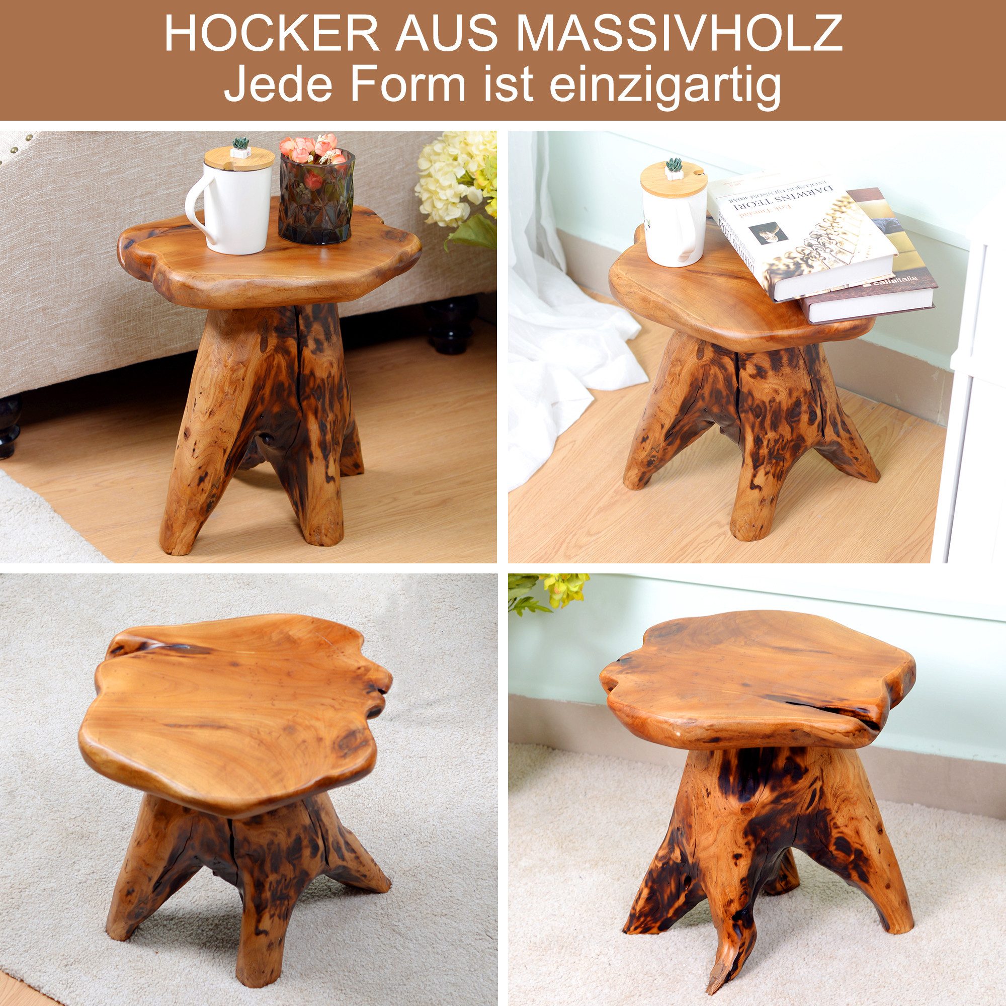 MODFU Couchtisch als Blumenständer und Fußhocker (natürlicher Holztisch für moderne Wohnräume), Kaffeetisch Sofatisch Beistelltisch