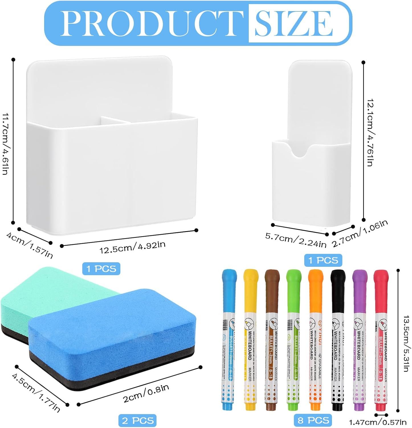 autolock Whiteboard Marker Whiteboard Zubehör-set, 2 Magnetische Stifthalter,2 Whiteboard Schwamm, (12-tlg), 8 Whiteboard Marker,Magnetischer Markerhalter für Zuhause Büro Schule