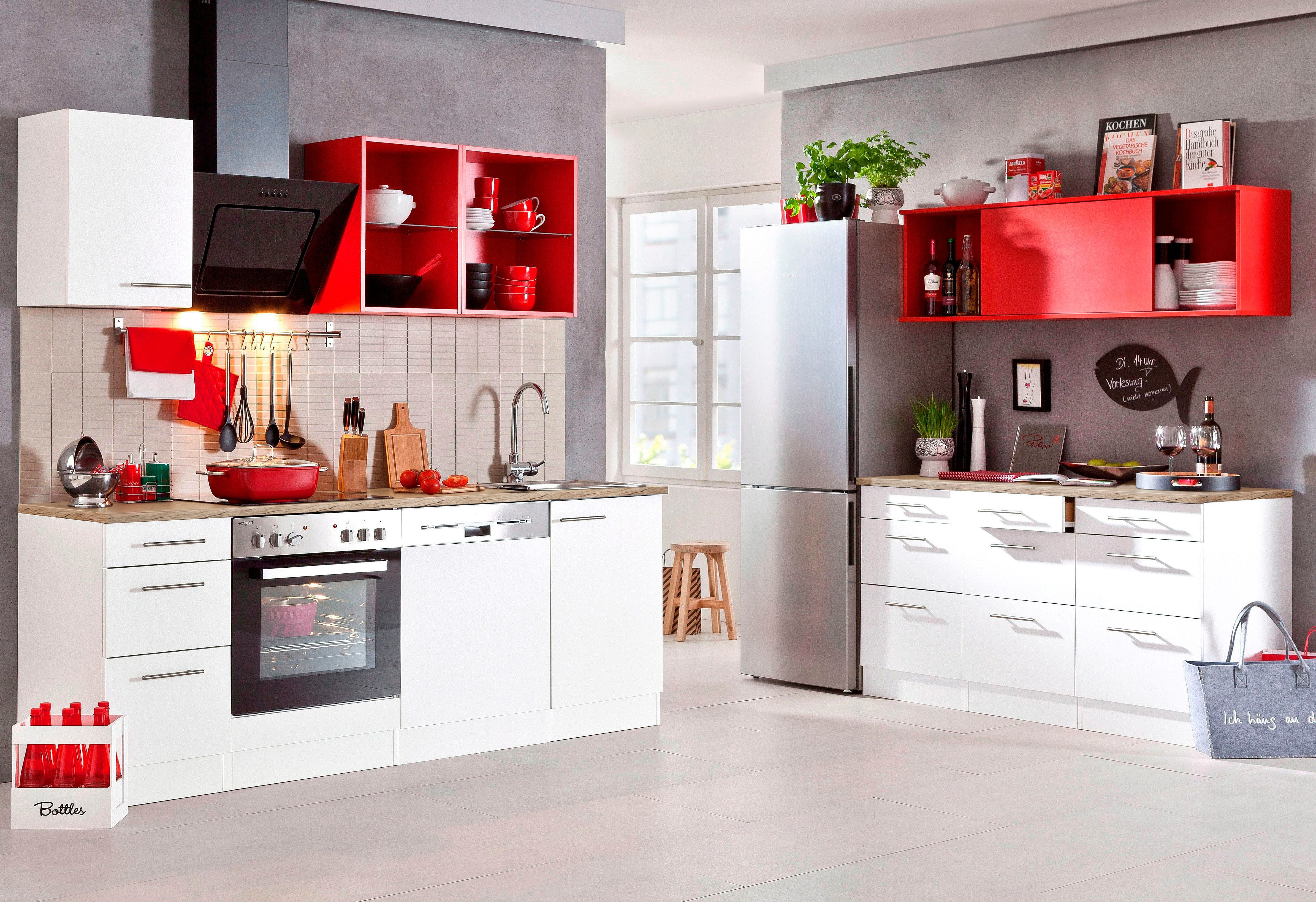 Küchenzeile cm, ohne 210 Mini, mit farbigen Regalen Kombinierbar OPTIFIT Breite E-Geräte,