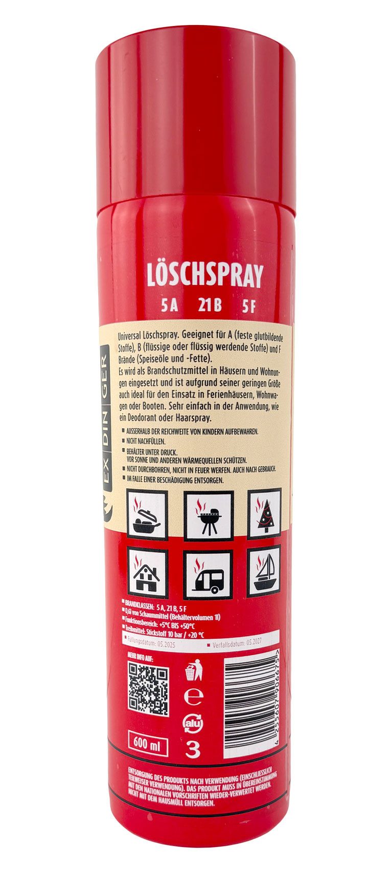 EXDINGER Feuerlöschspray für Fettbrände 5A 21B 5F 600 ml, für Fettbrände, handlich