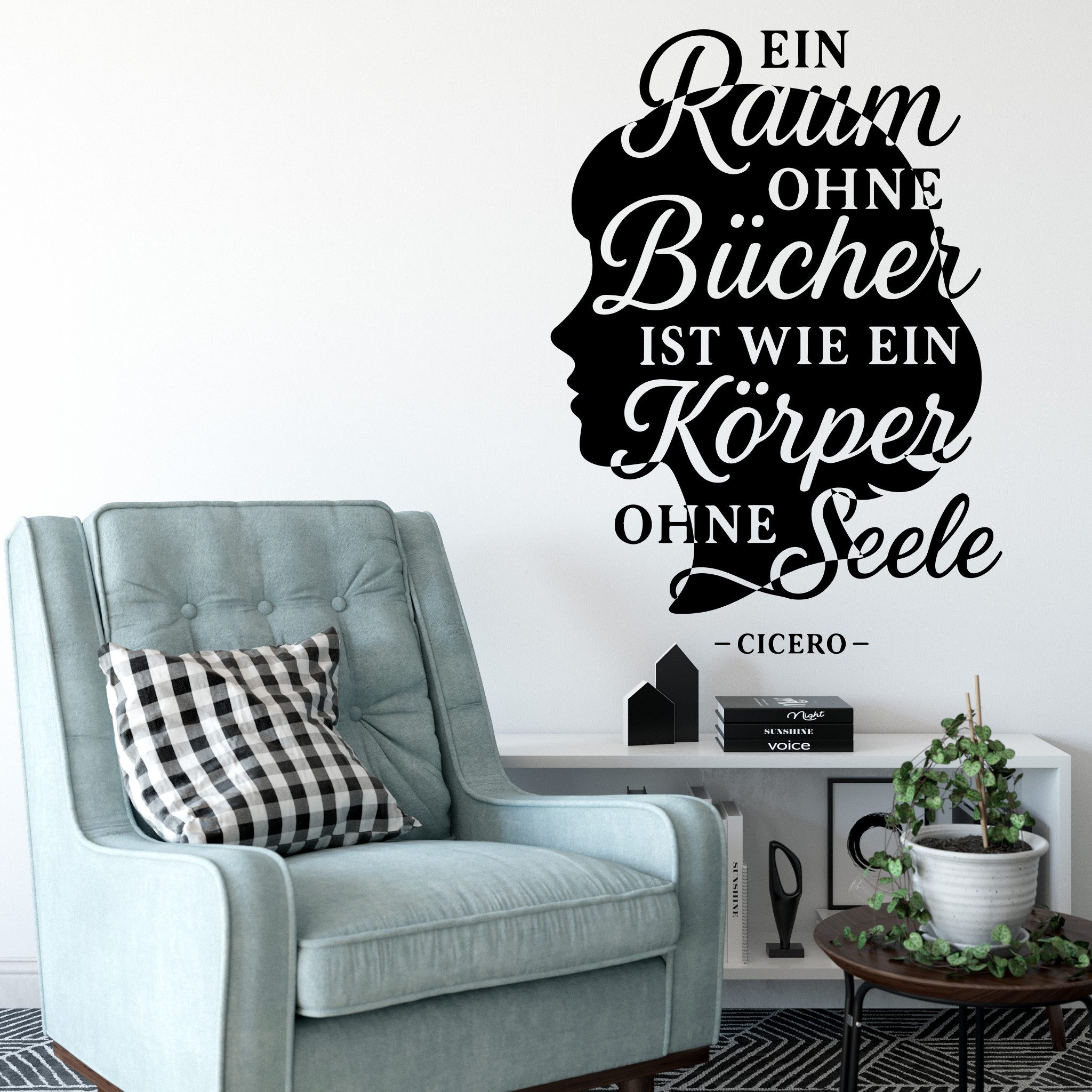 Sunnywall Wandspruch Wandtattoo Kopf mit Cicero-Zitat – Ein Raum ohne Bücher ist wie, selbstklebend, konturgeschnitten
