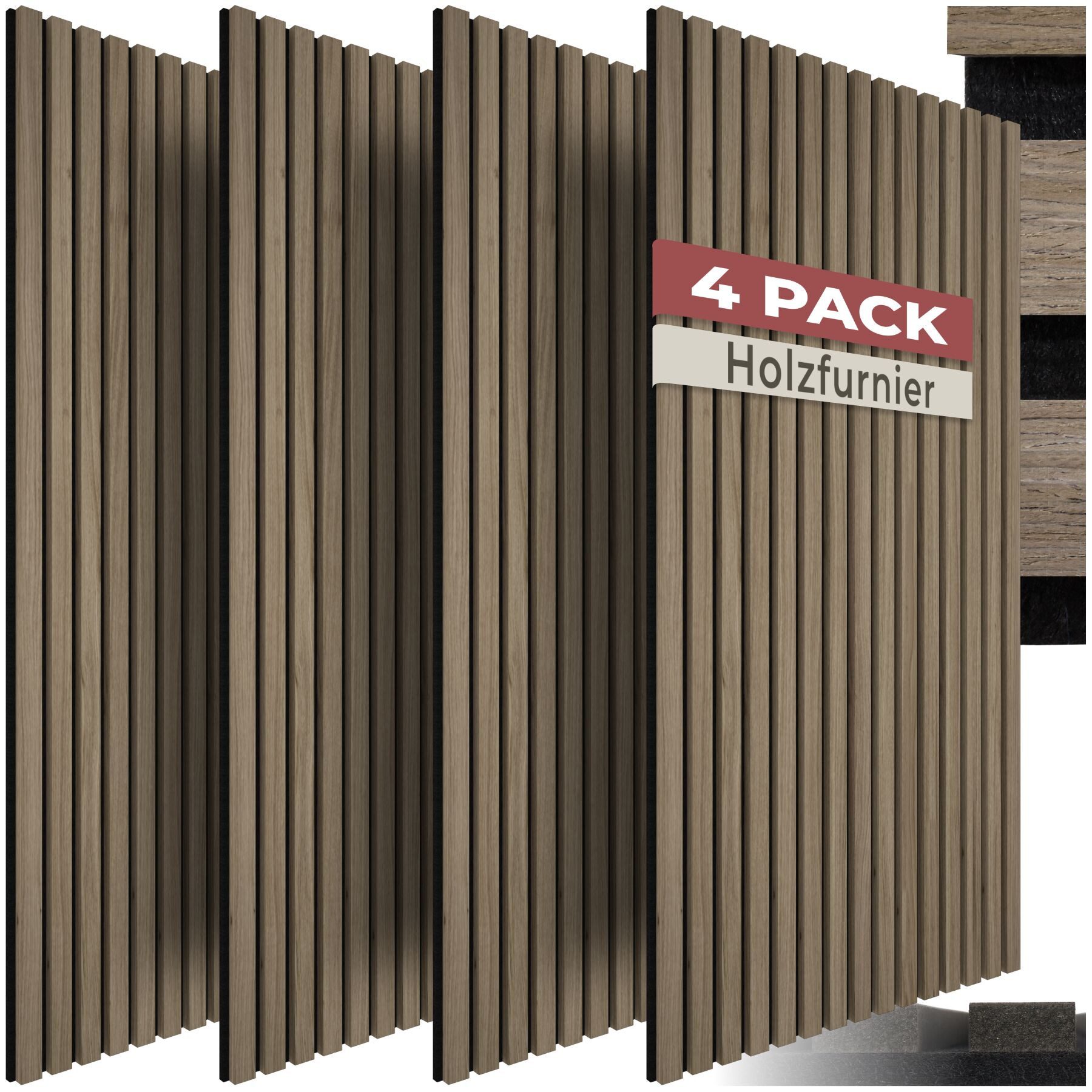 tectake Wandpaneel Akustikpaneele Sonic Wall, MDF und Echtholzfurnier - Eiche dunkel, BxL: 60x120 cm, (4 tlg., 4-tlg., Größe flexibel anpassbar) schallabsorbierender Filz, einfache Montage mit Kleber oder Schrauben