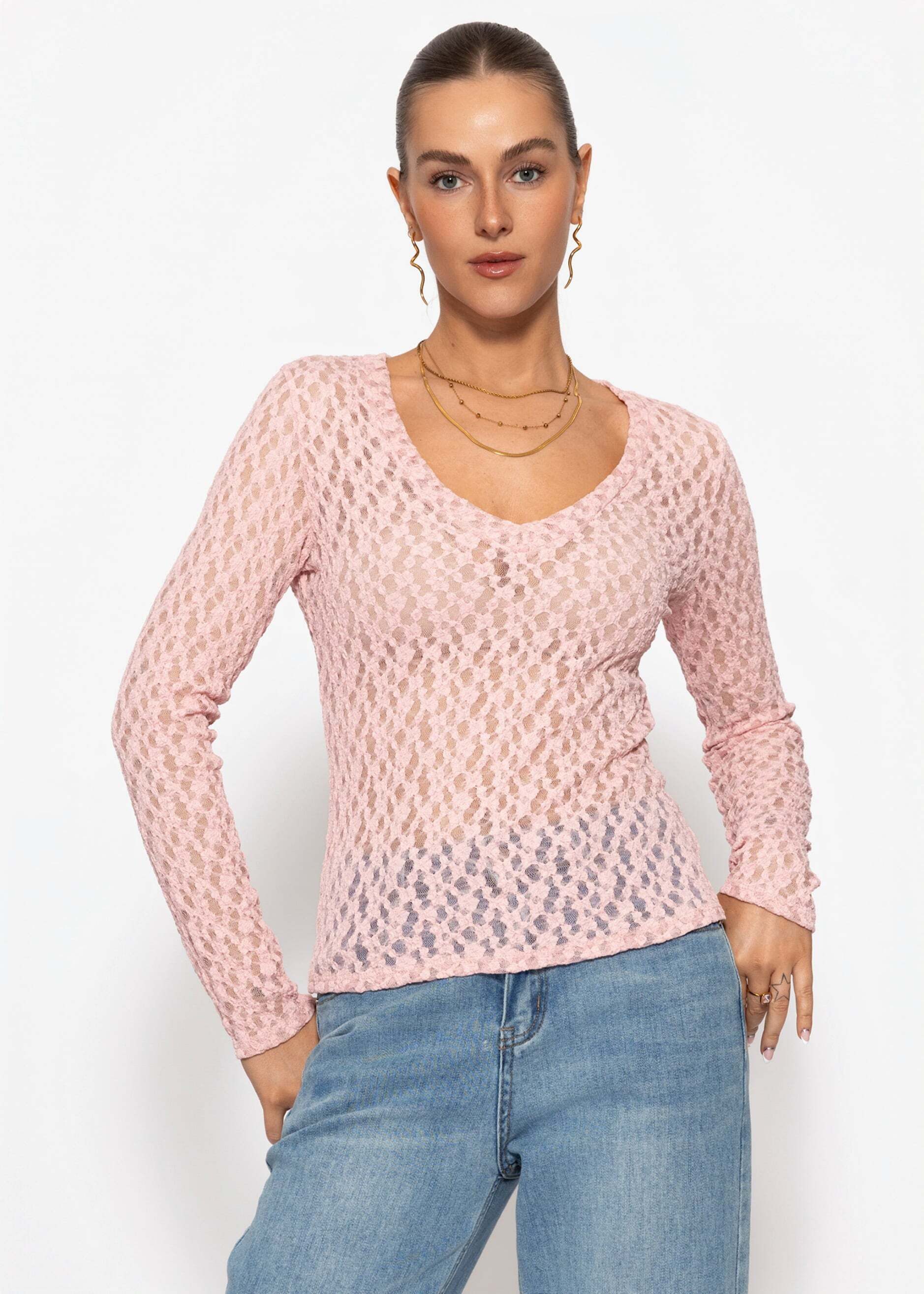 SASSYCLASSY Langarmshirt Spitzenshirt mit V-Ausschnitt für Damen Elegantes Langarmshirt mit floralem Muster in leichter Transparenz