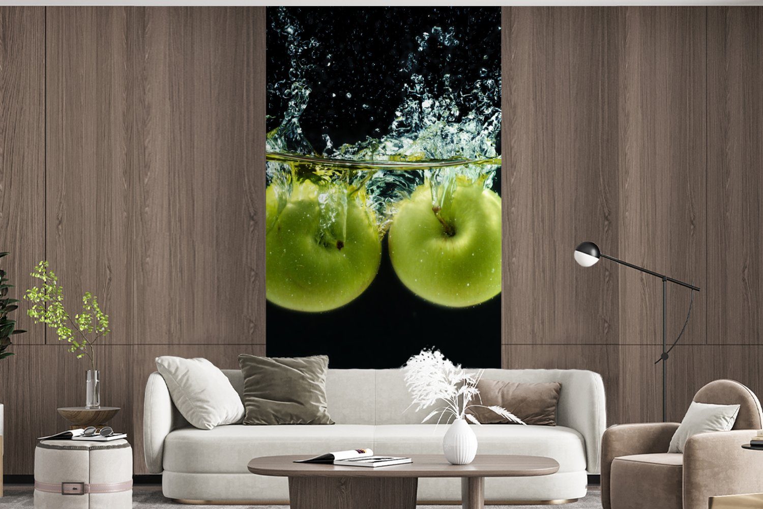 (2 Fototapete - Vliestapete für Schwarz Wohnzimmer Äpfel Obst Küche, Grün, Schlafzimmer Wasser - Matt, Fototapete - bedruckt, MuchoWow St), -