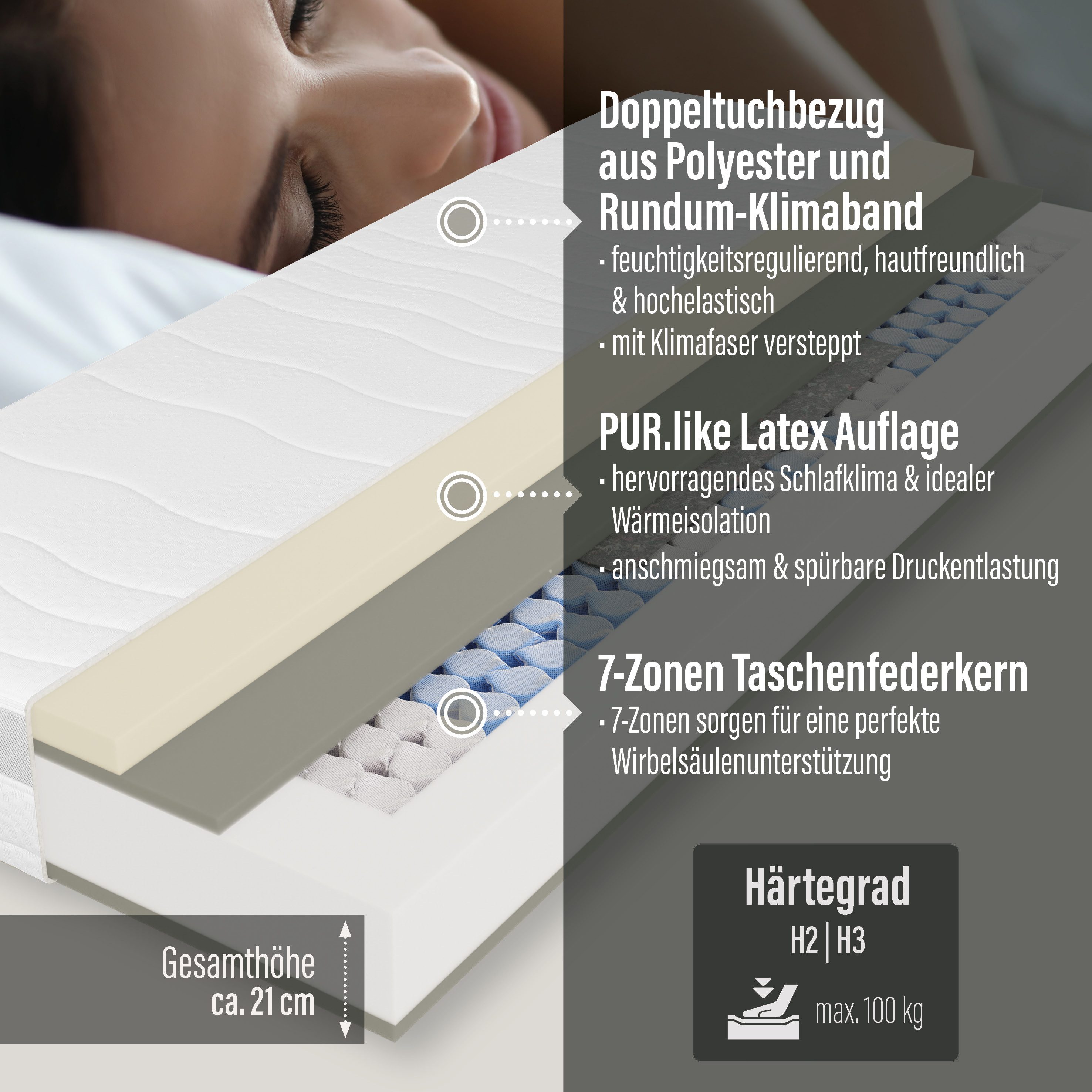 Taschenfederkernmatratze Feel Like Latex ONE TFK - GOLD, Matratze 90x200 cm, 140x200 cm & mehr, Beco, 21 cm hoch, Punktelastische Matratze mit stabilem Federkern, atmungsaktiv