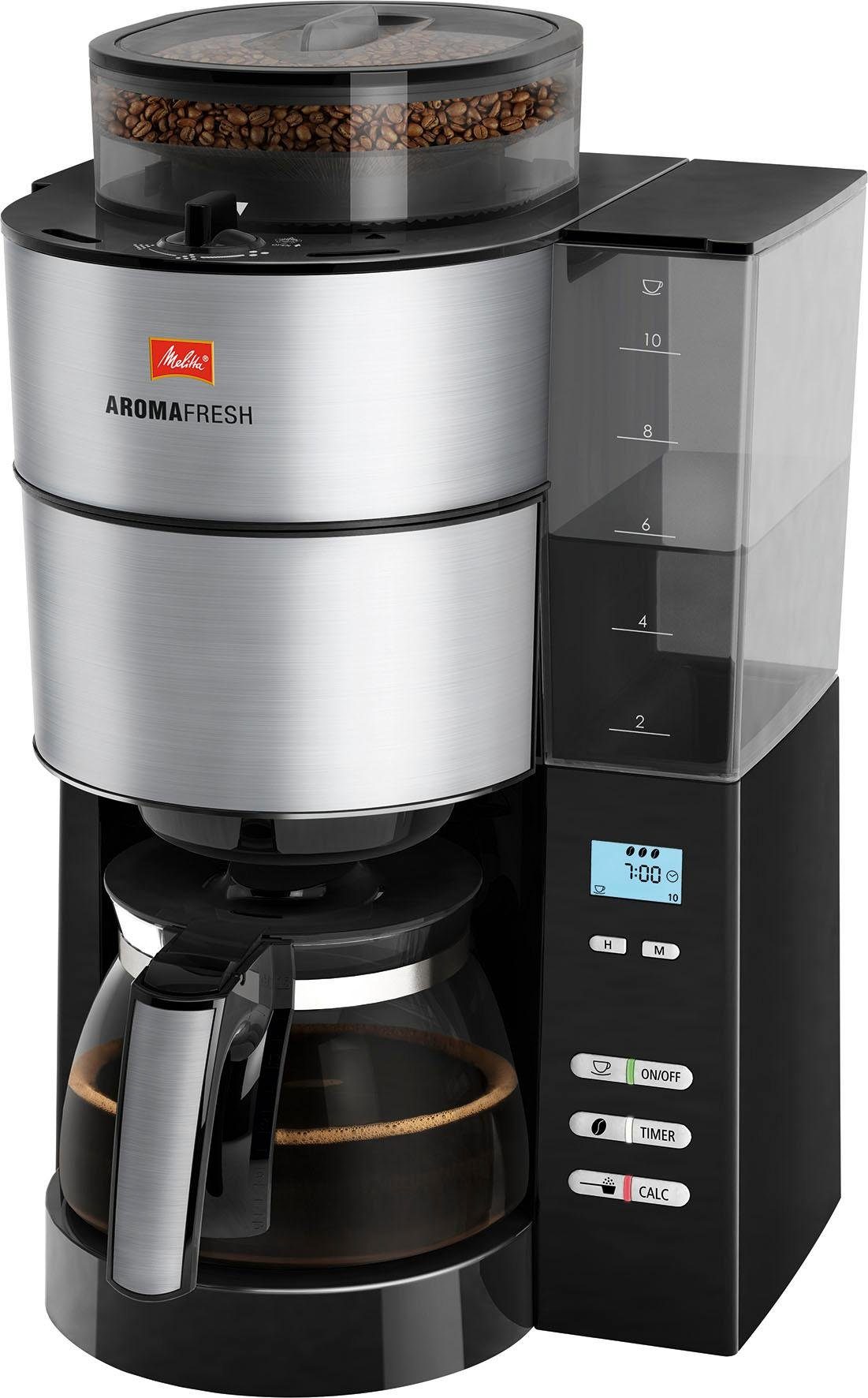 Melitta Kaffeemaschine mit Mahlwerk AromaFresh 1021-01, Papierfilter 1x4,  Mahlgrad und Kaffeestärke einstellbar · Stahl-Kegelmahlwerk