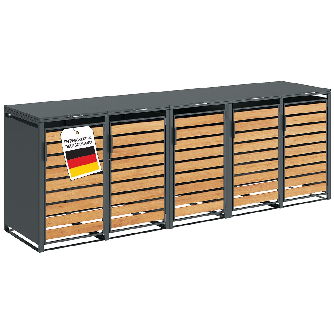 STEELSØN Mülltonnenbox Kestra 120L aus verzinktem Stahl (Anthrazit/Holz, Für 5 Tonnen), verfügbar mit 1, 2, 3, 4 oder 5 Türen, mit Sichtstreifen Holzoptik