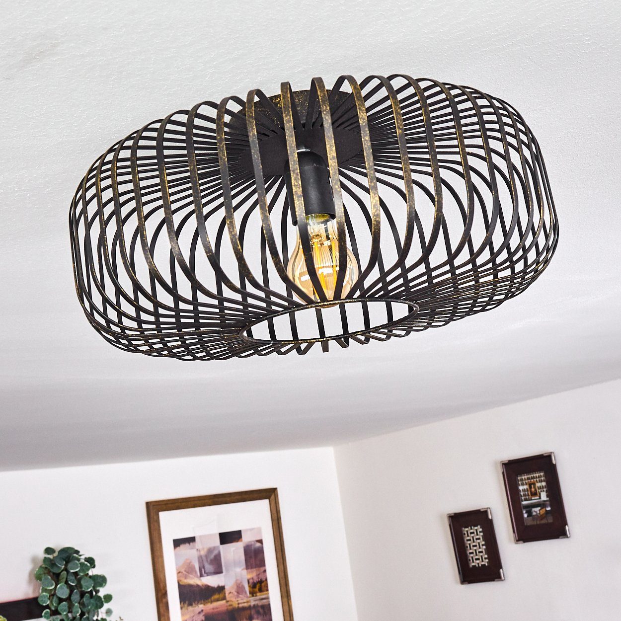 hofstein Deckenleuchte »Pieris« Deckenlampe aus Metall in Schwarz/Gold, ohne Leuchtmittel, E27, Leuchte m. Gitter u. Lichteffekt an der Decke – Bild 2 von 5