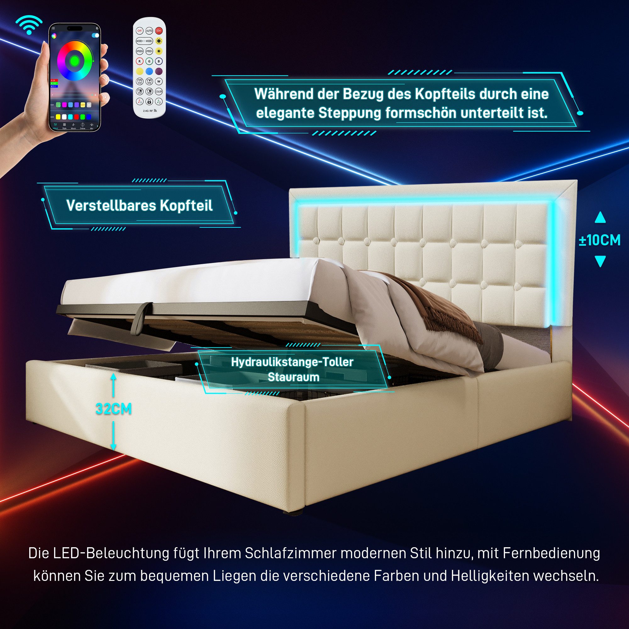 Flieks Stauraumbett (1-tlg), LED-Beleuchtung Kunstleder Doppelbett 180x200cm – Bild 4 von 5