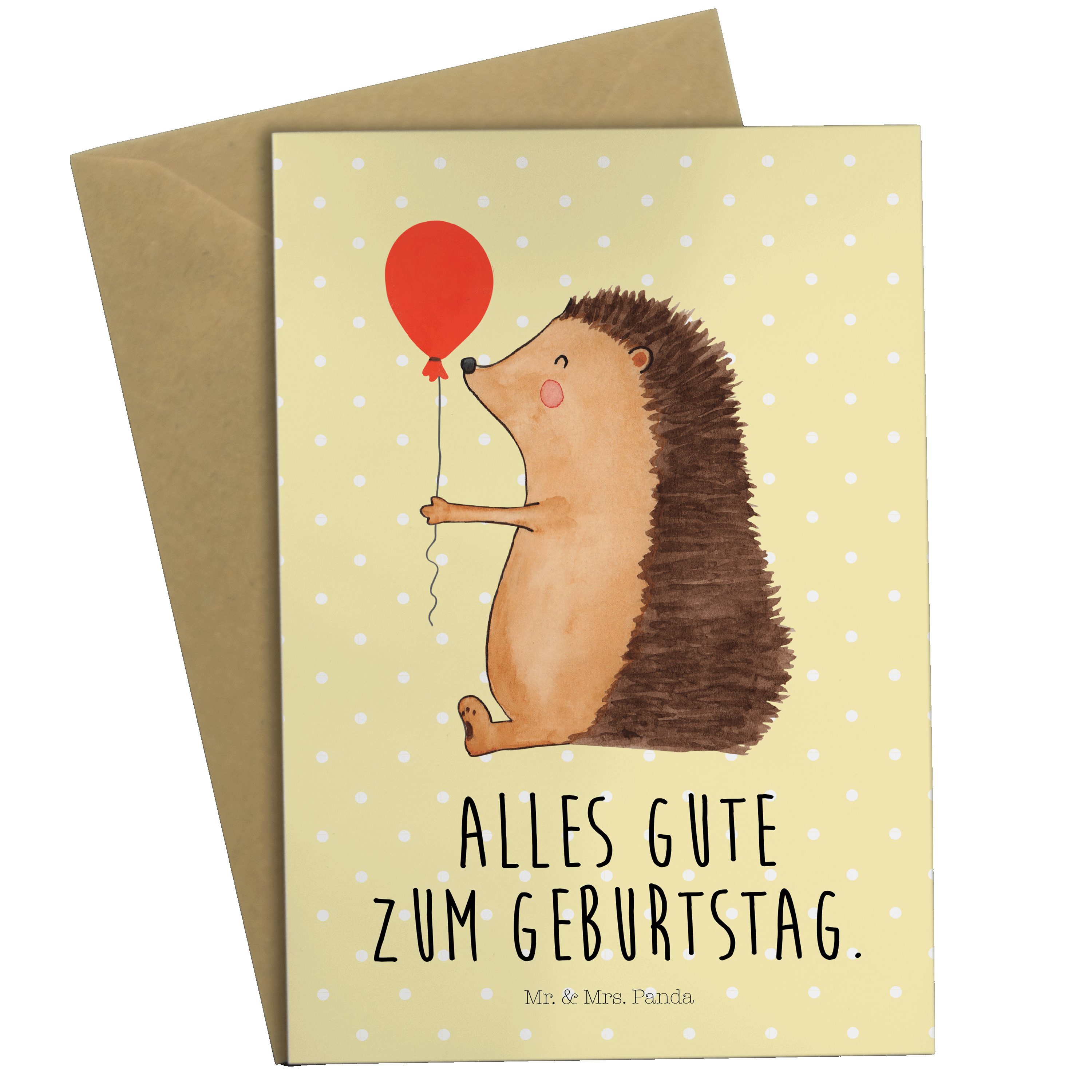 Mr. & Mrs. Panda Grußkarte Igel mit Luftballon - Gelb Pastell - Geschenk, Klappkarte, Gute Laune | Grußkarten
