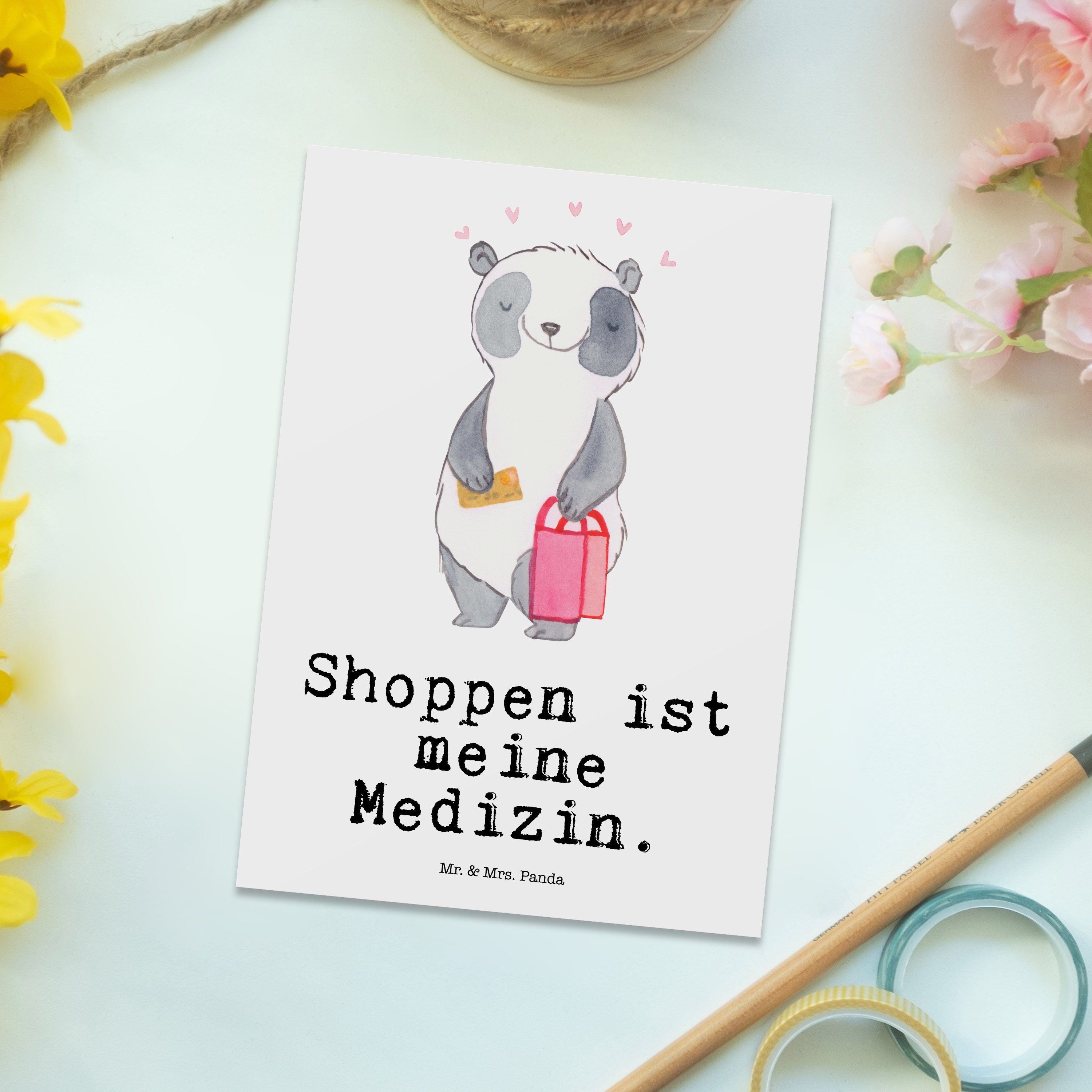 Mr. & Mrs. Weiß Geschenk, Panda Postkarte Ansichtskarte, - Panda Medizin - Shopping Geschenkkart