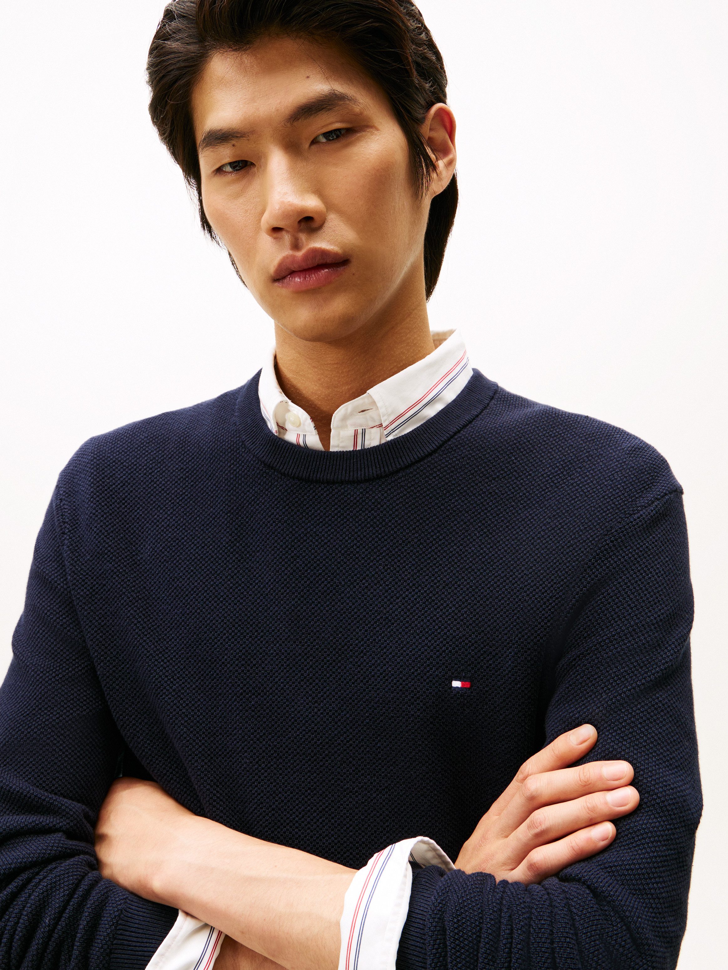 Tommy Hilfiger Rundhalspullover ESSENTIAL STRUCTURE CREW NECK mit Struktur und Label unifarben, casual, regular fit, Baumwolle, Rundhals