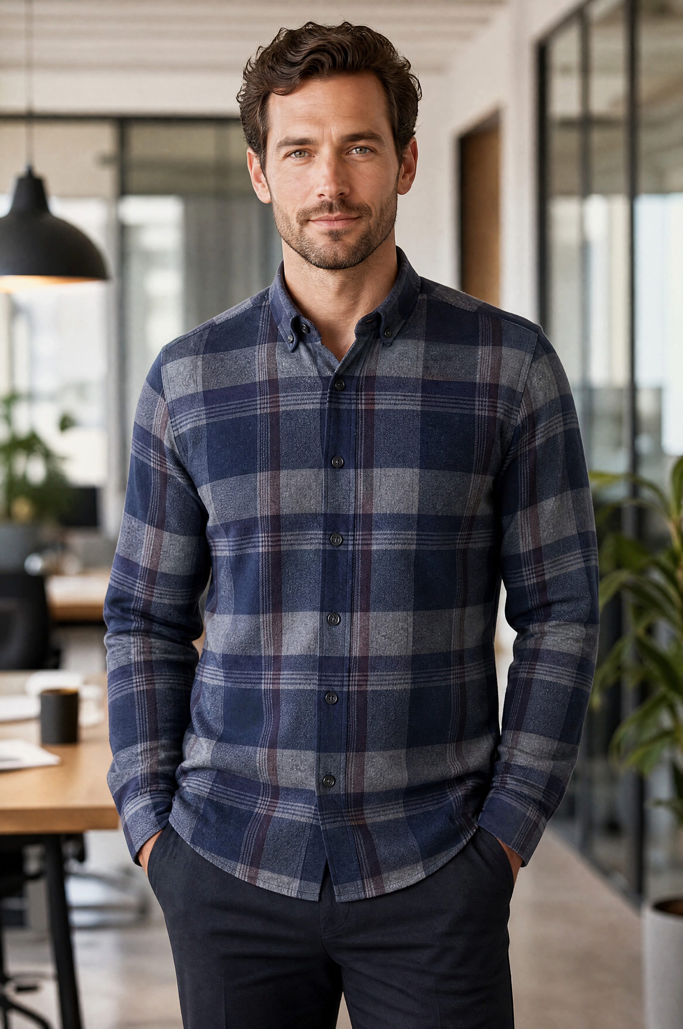 Langarmhemd Regular Fit Tall Flanell Langarm-Herrenhemd Blau Karo Frühling