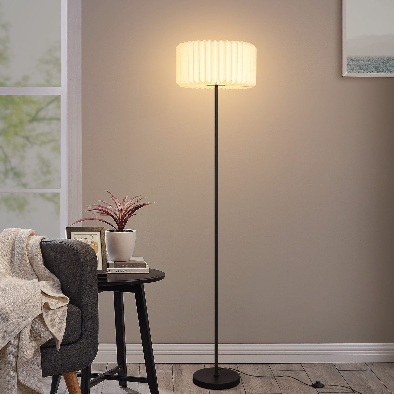 Stehlampe Wohnzimmer Vintage Weiß G9 Papier Lampenschirm Stehleuchte