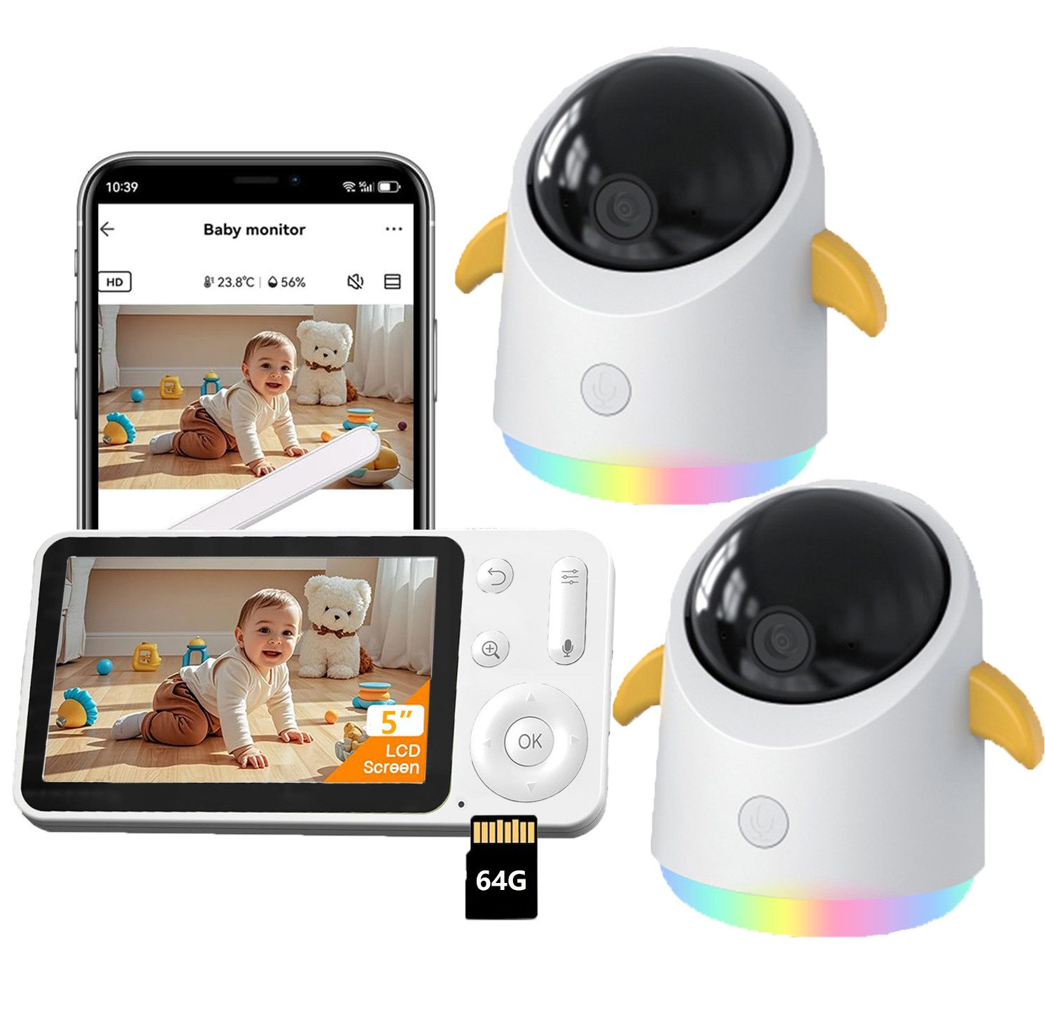 Video-Babyphone 2K Babyphone mit Kamera und App 5 Zoll WLAN babyfon mit 64G Karte
