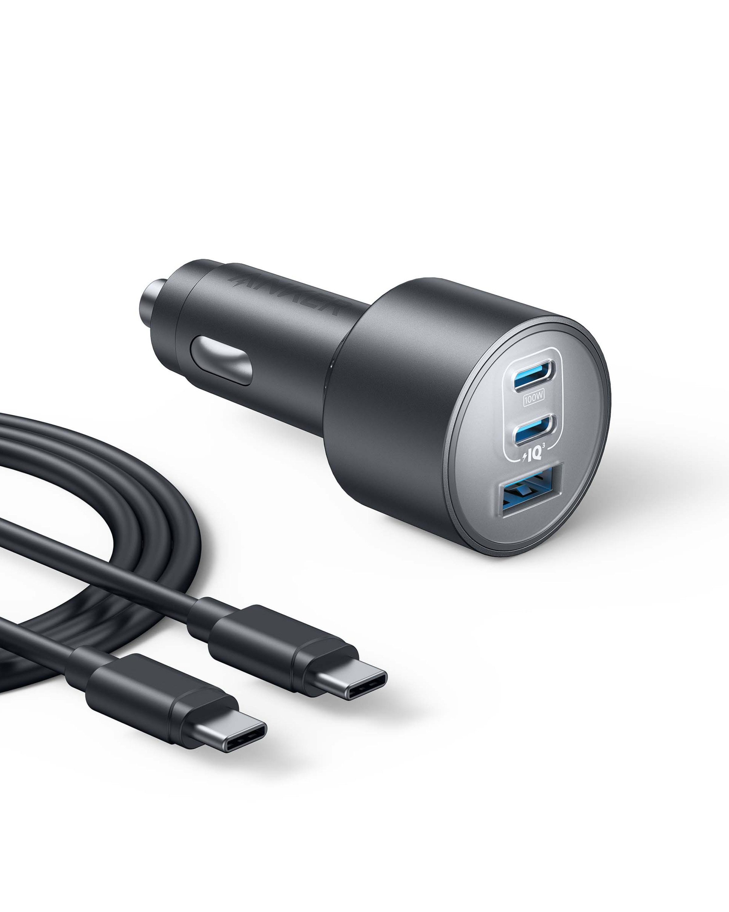 Anker Anker 167,5W Zigarettenanzünder USB C, 3-Port Typ-C Auto Autobatterie-Ladegerät (2-teiliges Set: Kfz-Ladegerät und 1m USB-C auf USB-C Kabel., Kompaktes Kf Ladegerät für MacBook Pro/Air, iPhone, Samsung, und mehr)