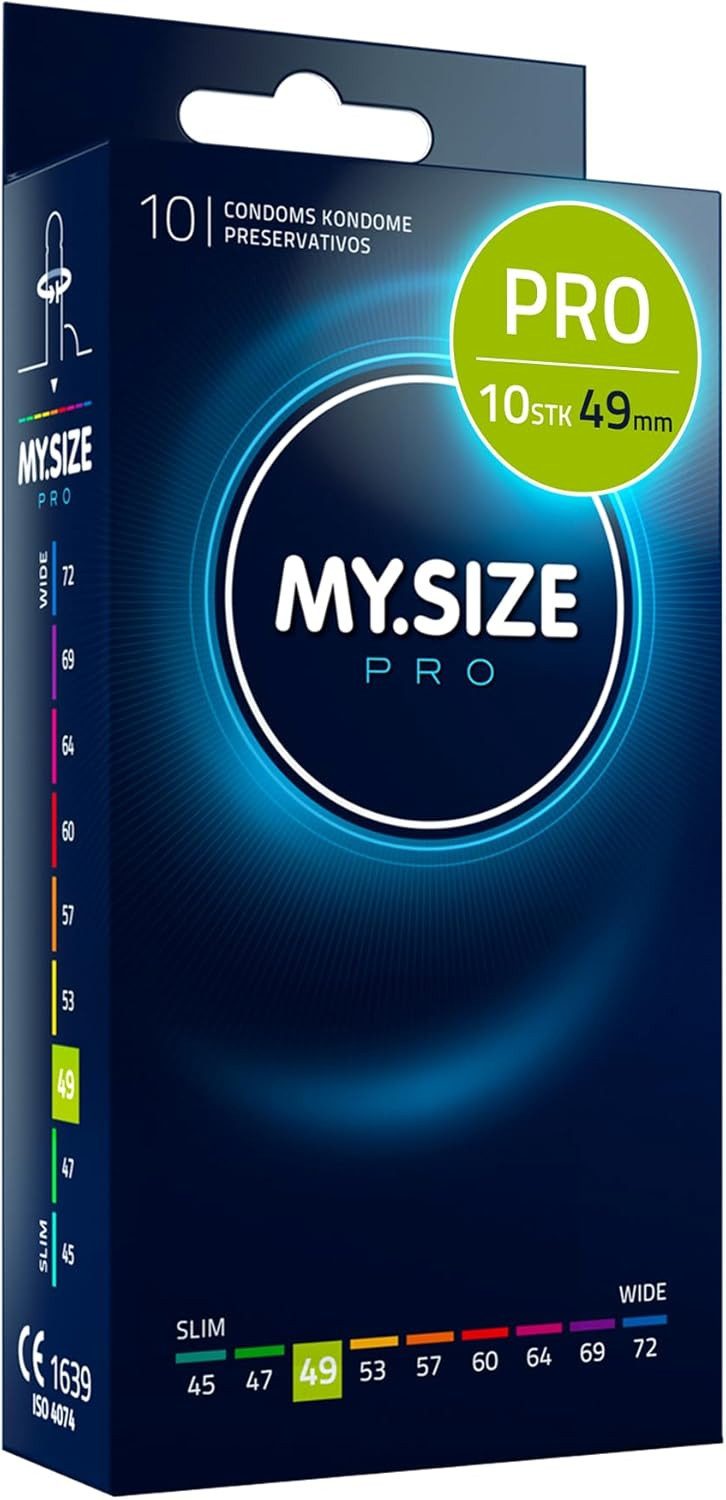 MY.SIZE Kondome PRO ELITE Kondome, 9 Größen, 45-72 mm, Schlank-XXXXL, Extra reines Vytex-Latex, leicht zu öffnen, hauchdünn 0,05mm