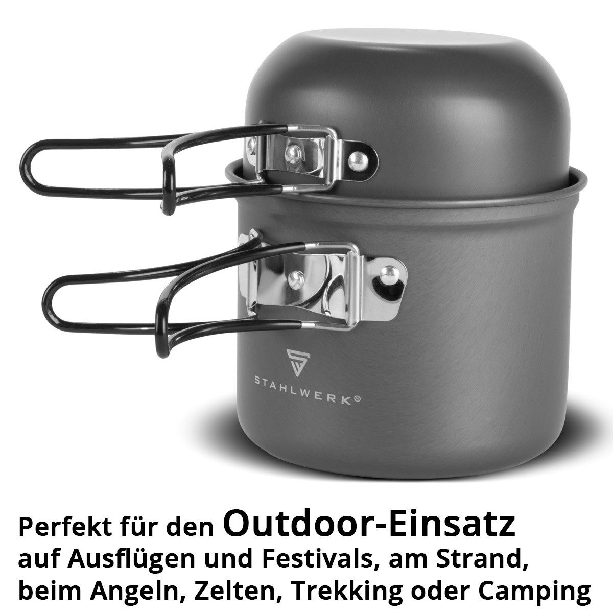 STAHLWERK Gaskocher Camping Kochtopf-Set 4-teilig aus AluminiumOutdoor Kochgeschirr, (4-St), gefertigt aus leichtem Aluminium