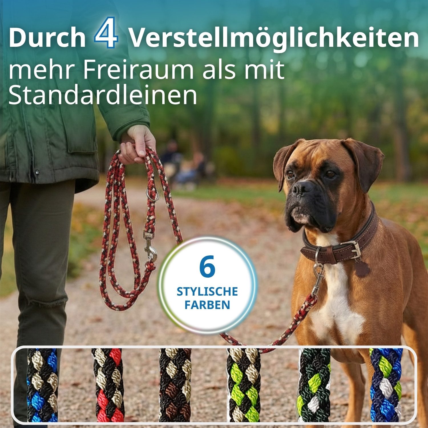 Activity4Dogs Hundeleine große Hunde bis 60 kg, mehrfarbig geflochten, 4-fach verstellbar, 3 m, auch als Doppelleine für 2 Hunde, Premium Qualität aus Deutschla – Bild 4 von 5