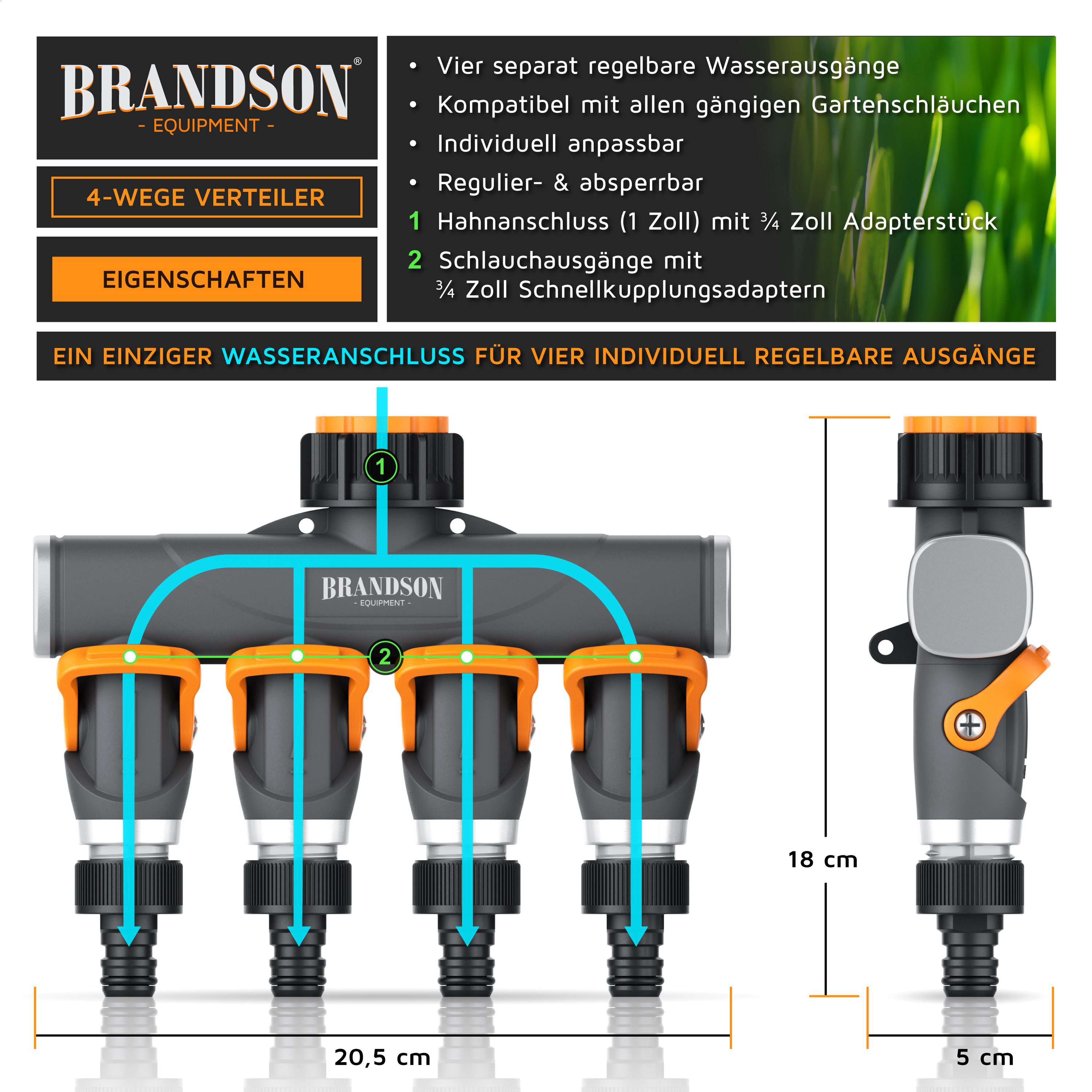 Brandson 4-Wege Verteiler 4-fach Schlauchverteiler, Gartenschlauch Wasserverteiler, 3/4 1/2 Zoll, (1-tlg), Schmaler Wasserhahn Schlauch Verteiler Regulierbar, Gartenbewässerung