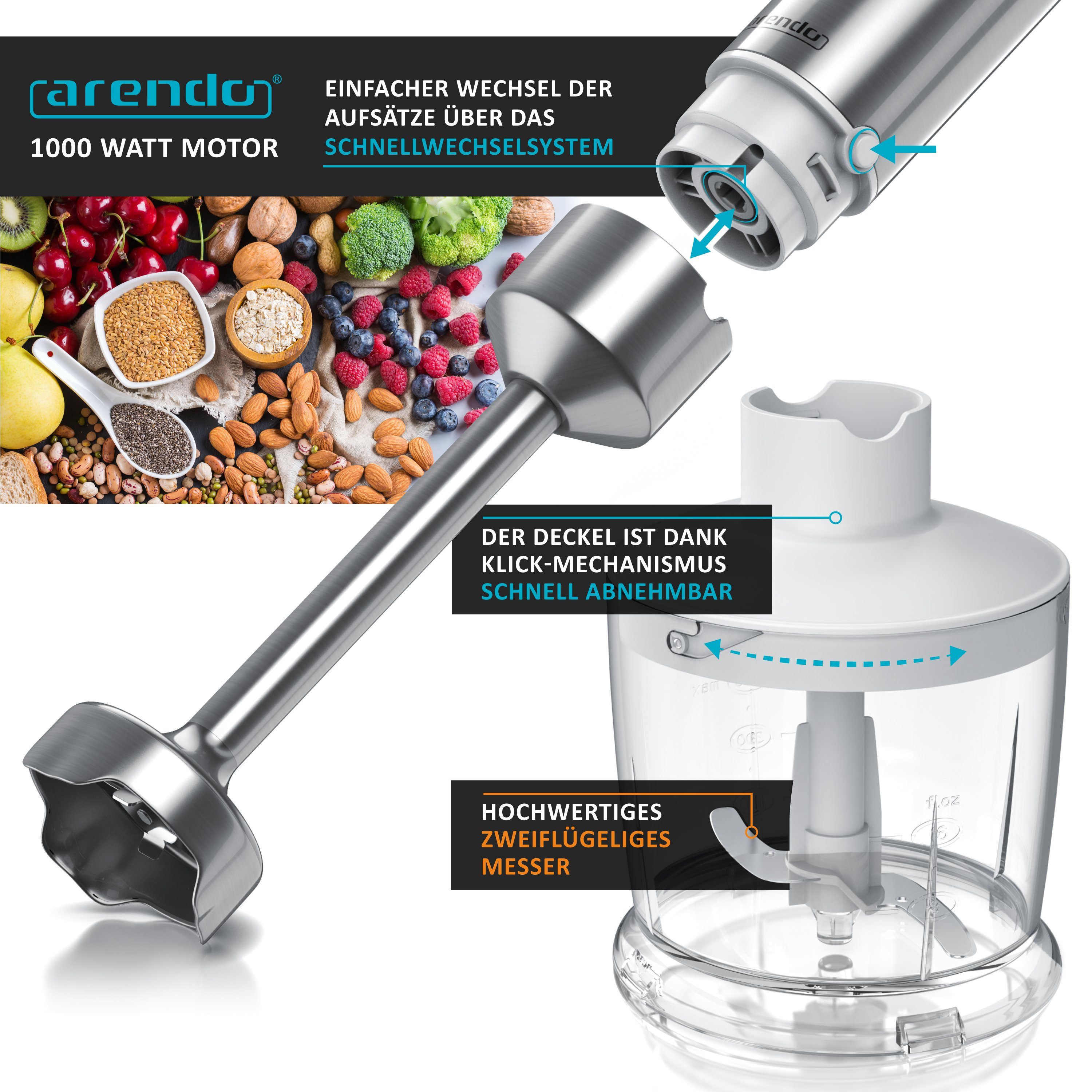 Arendo Stabmixer Edelstahl Pürierstab Set mit Zerkleinerer und Messbecher, Handmixer, 1000 W, 2 Geschwindigkeitsstufen, 4-Klingen, einfache Reinigung, DC Motor – Bild 4 von 5