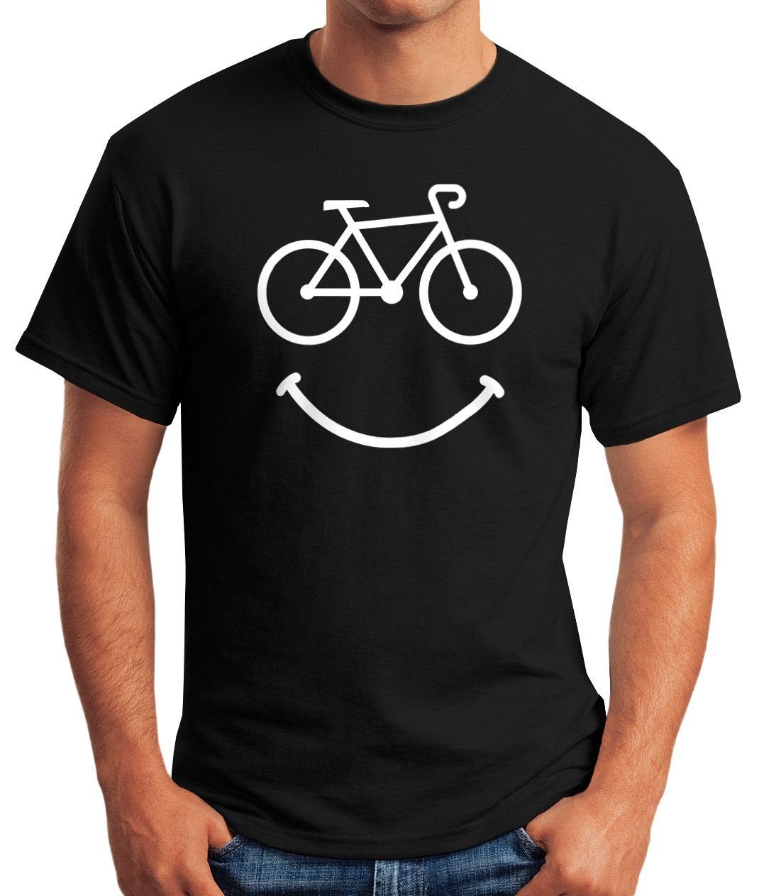 schwarz Moonworks® Fun-Shirt Happy Print-Shirt T-Shirt Radfahren mit Fahrrad Print Bike MoonWorks Smile Herren