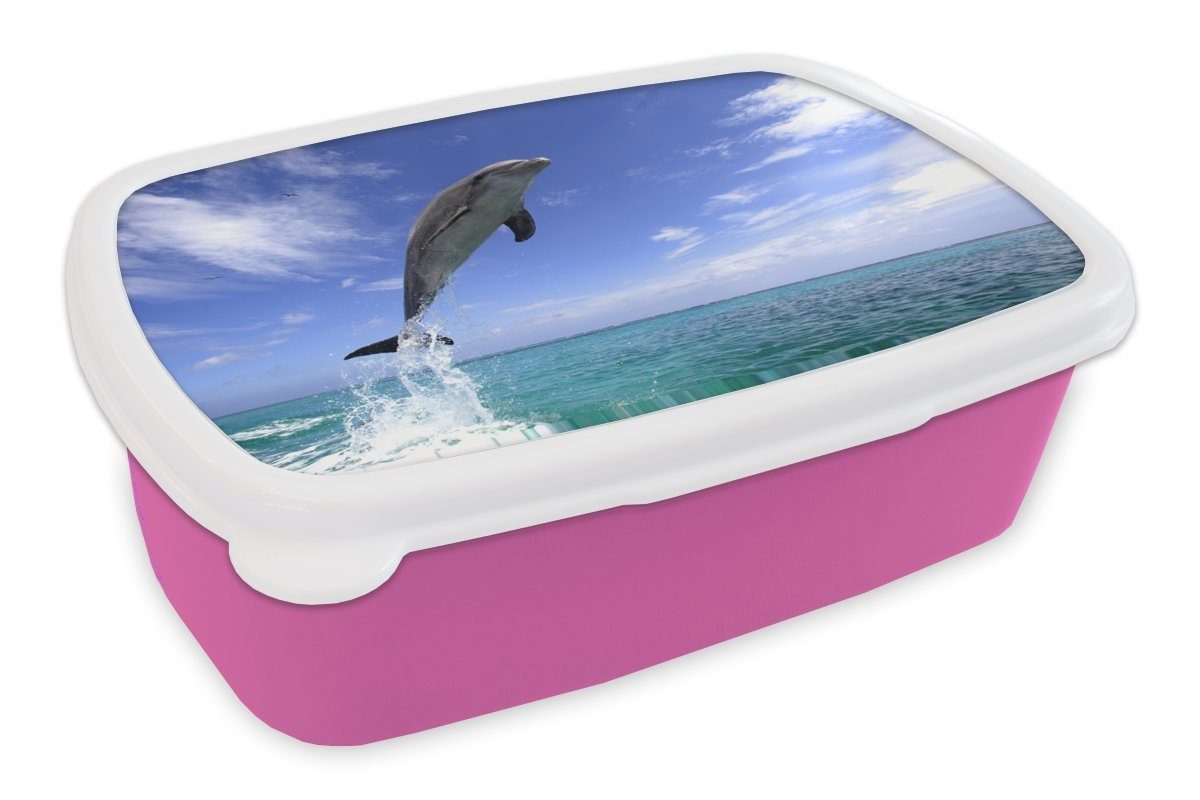 MuchoWow Lunchbox Delfin - Meer - Himmel, Kunststoff, (2-tlg), Brotbox für Erwachsene, Brotdose Kinder, Snackbox, Mädchen, Kunststoff rosa