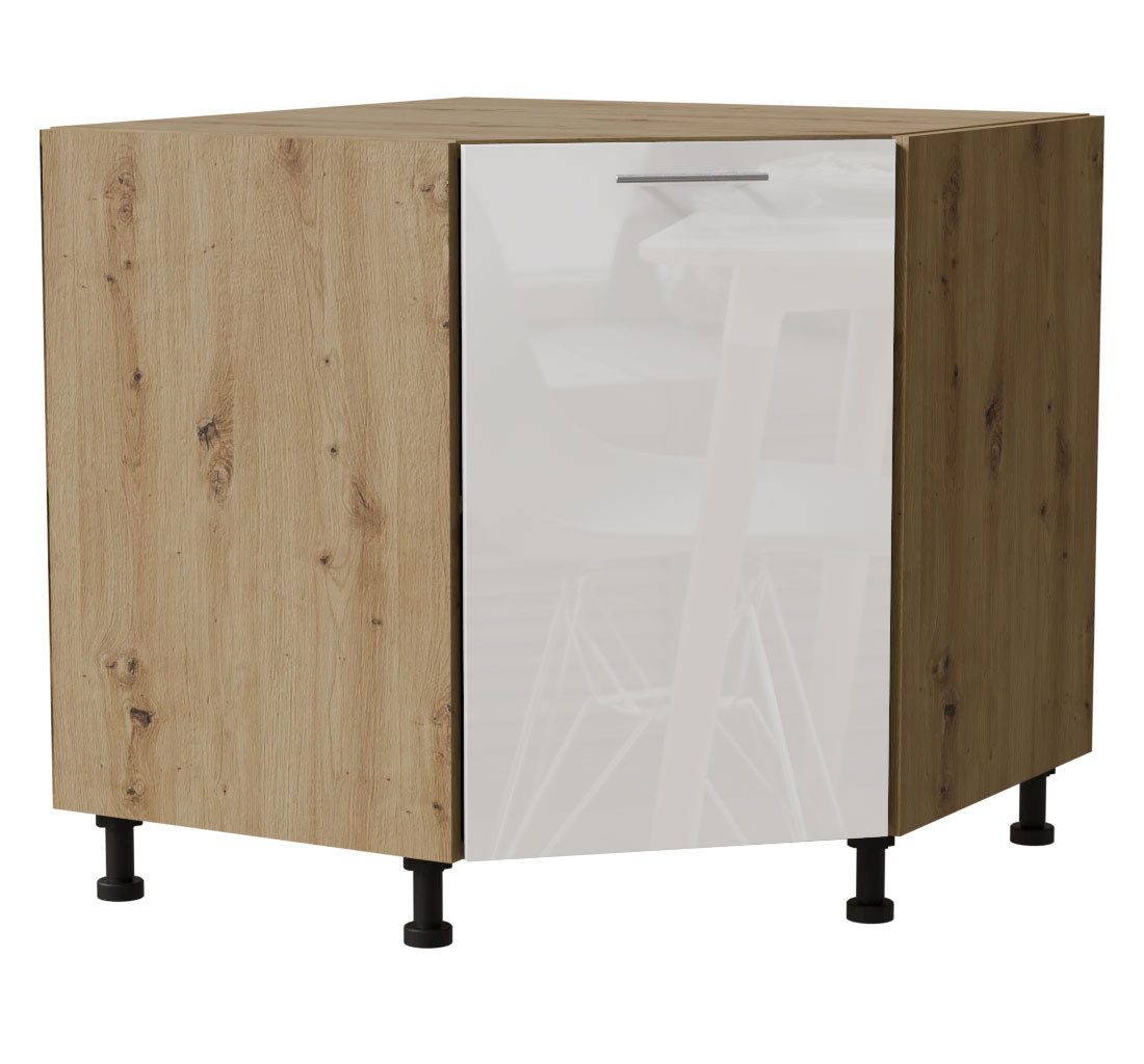 Feldmann-Wohnen Eckschrank Essen (D12R/90, 1 Tür, 1-St., moderne Optik, Acrylfronten mit Glaseffekt) 84x84cm Weiß Hochglanz, Eiche Artisan Matt / mit Einlegeboden