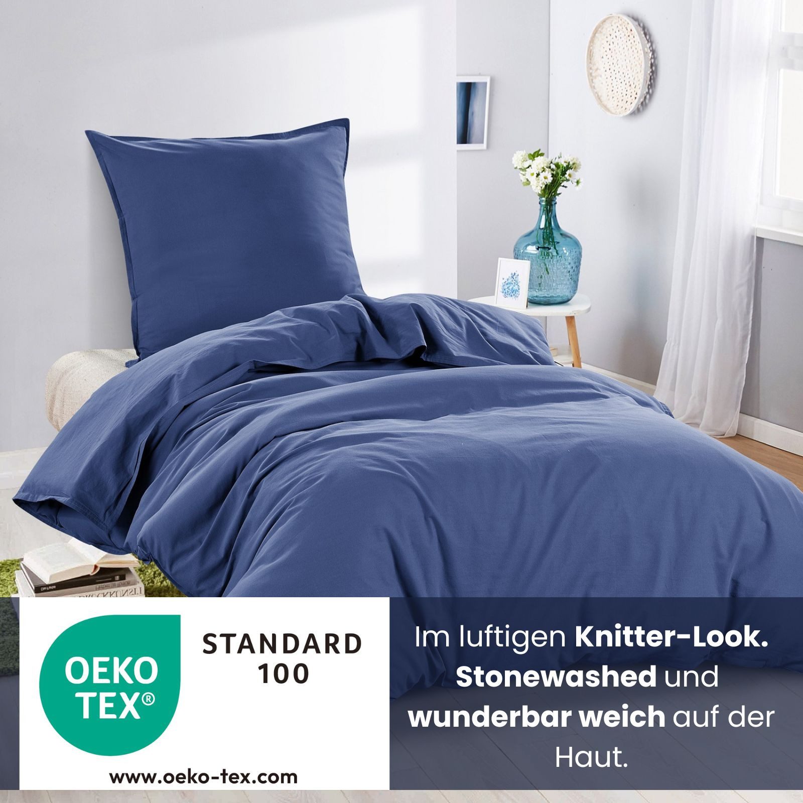 wometo Bettwäsche Stone Washed 135x200 Renforcé, Baumwolle, 2 teilig, OEKO-TEX®, 100% Baumwolle, Bettwäsche im Knitterlook mit Stehsaum – Bild 4 von 5