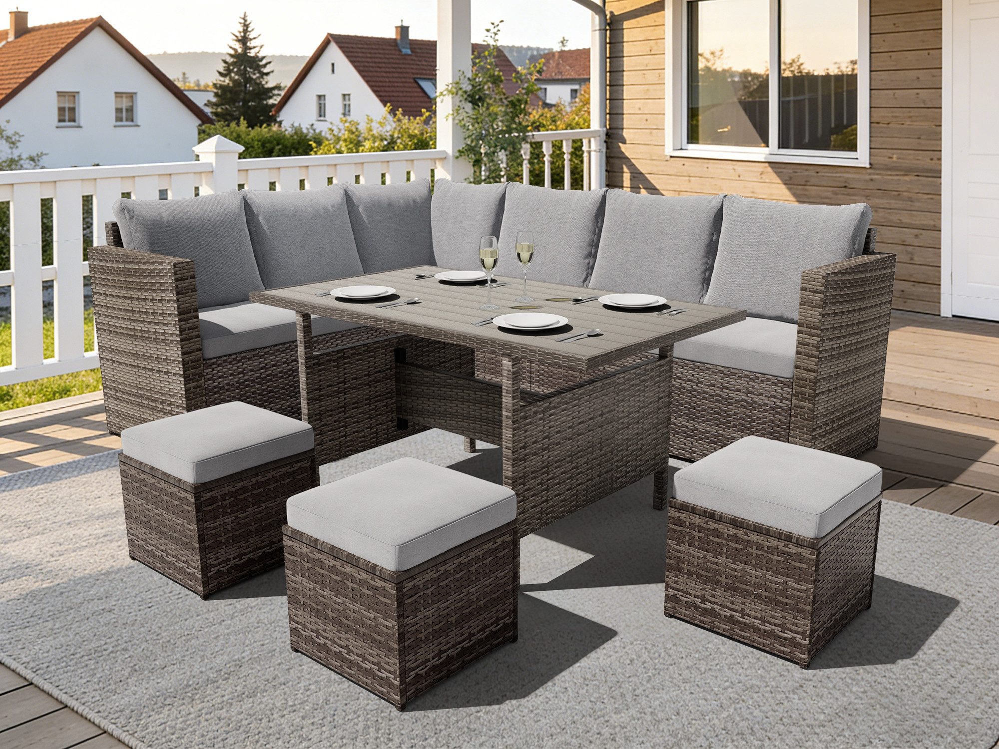 MeXo Gartenlounge-Set Lounge Gartenmöbelset für 8-10 Personen, (Rattan Gartenmöbel Set, L-form, Wetterfest & Modular, 7-tlg., 8cm breitere Armlehnen), Outdoor Garten Möbel Set, Tisch mit Stauraum, Terrasse & Wintergarten