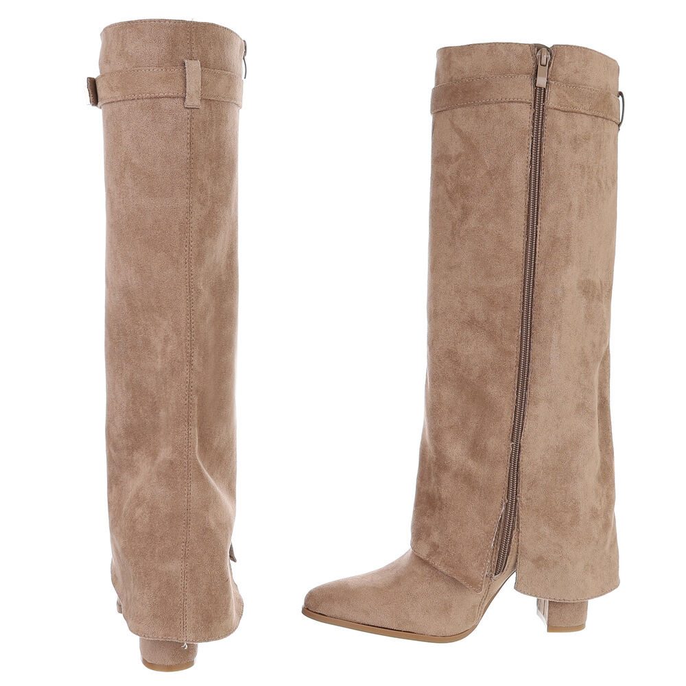 Ital-Design Elegante kniehohe Stiefelette mit Blockabsatz für Damen High-Heel-Stiefel (89852557) Blockabsatz Stiefel in Hellbraun