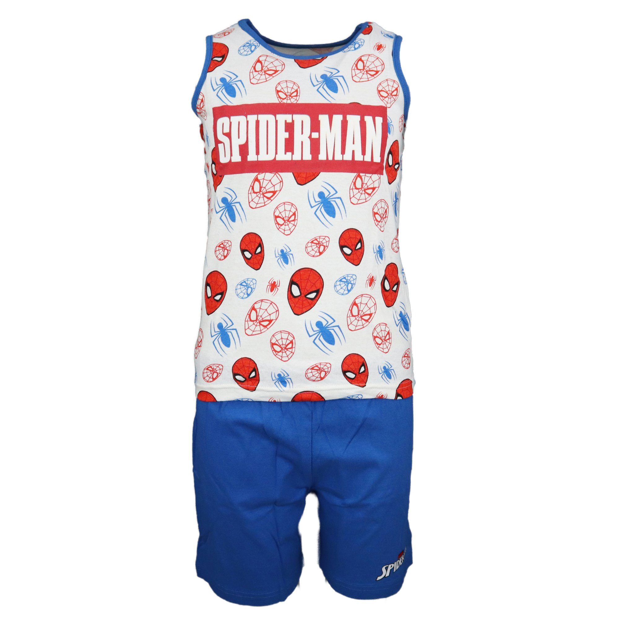 MARVEL Schlafanzug Spiderman ärmelloser Jungen Kinder Pyjama Gr. 98 bis 128, 100% Baumwolle, Blau oder Rot
