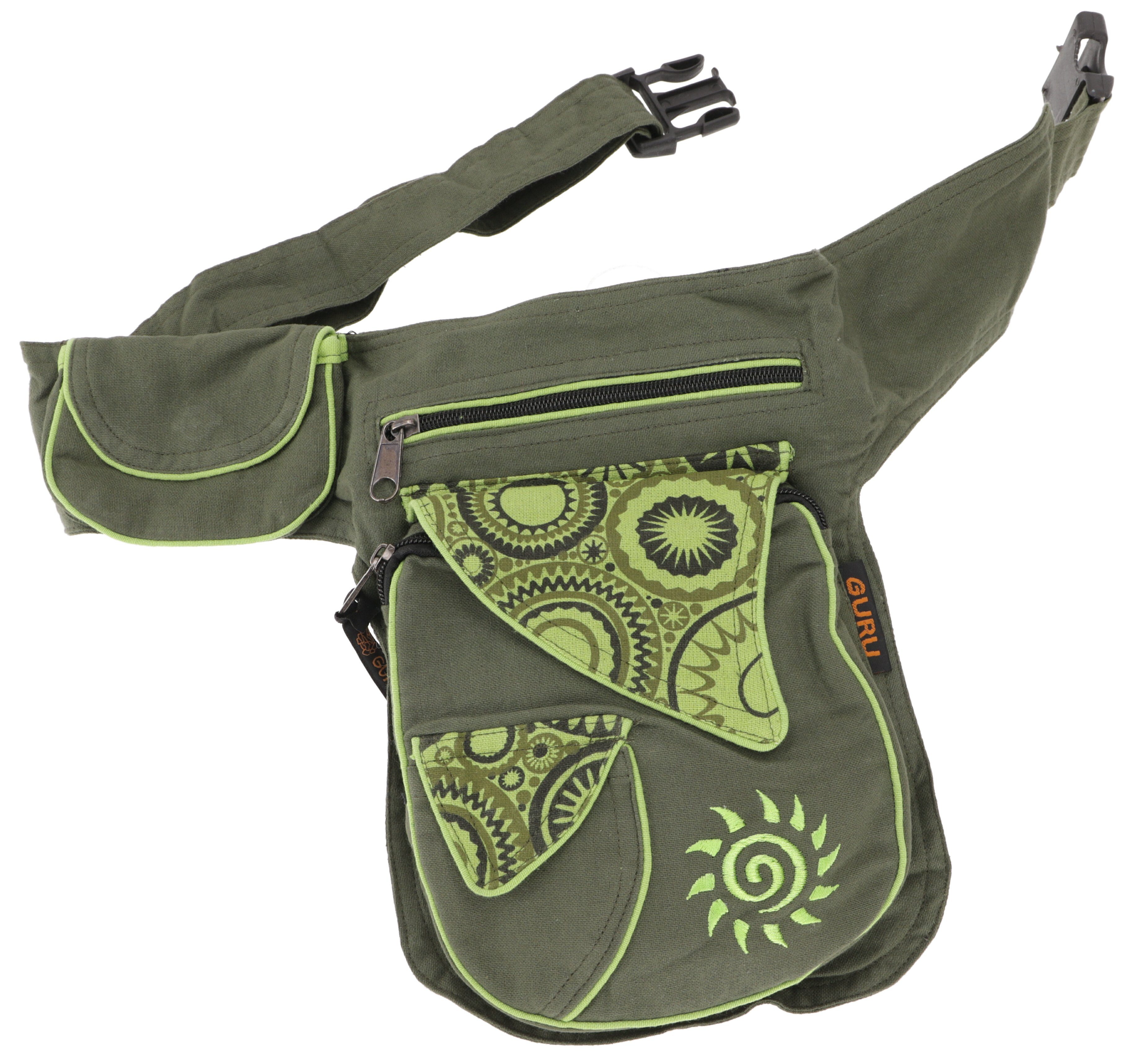 GURU SHOP Schultertasche, Hippie Tasche, Goa Tasche - Grün, Herren/Damen,  Baumwolle, 23x28x12 cm, Alternative Umhängetasche, Handtasche aus Stoff