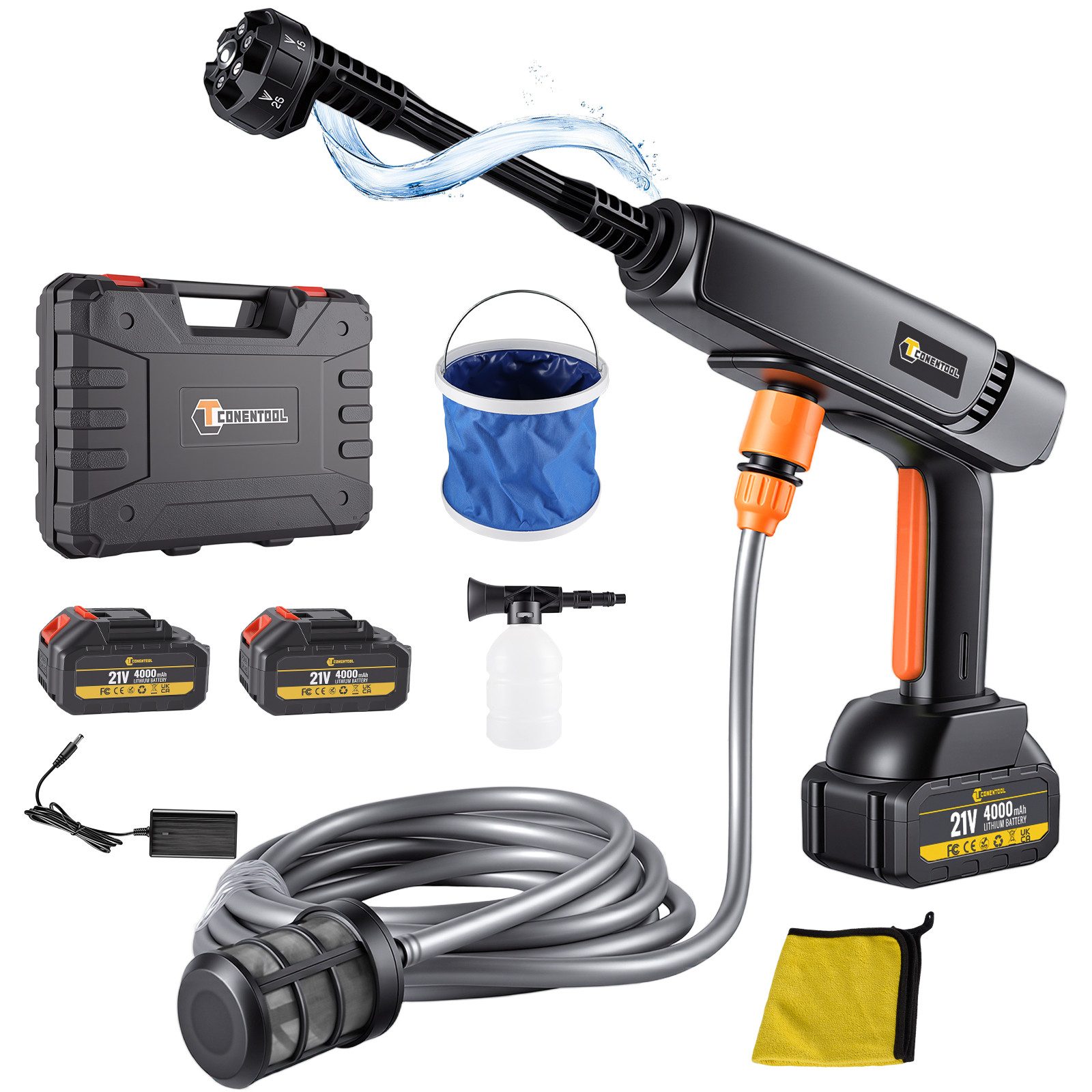 CONENTOOL Akku-Hochdruckreiniger 6-in-1 Bürstenloser Motor 350W mit 2x4000mAh Akkus