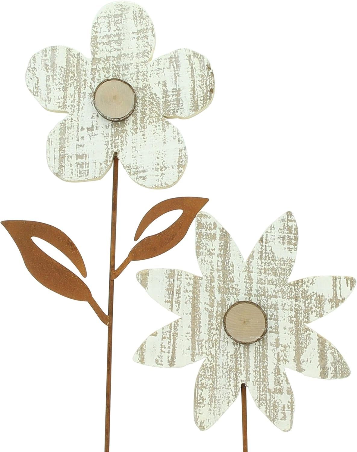 Gartenstecker "Blume" aus Metall mit Echtrost-Finish & Blüten aus Holz, Beetstecker