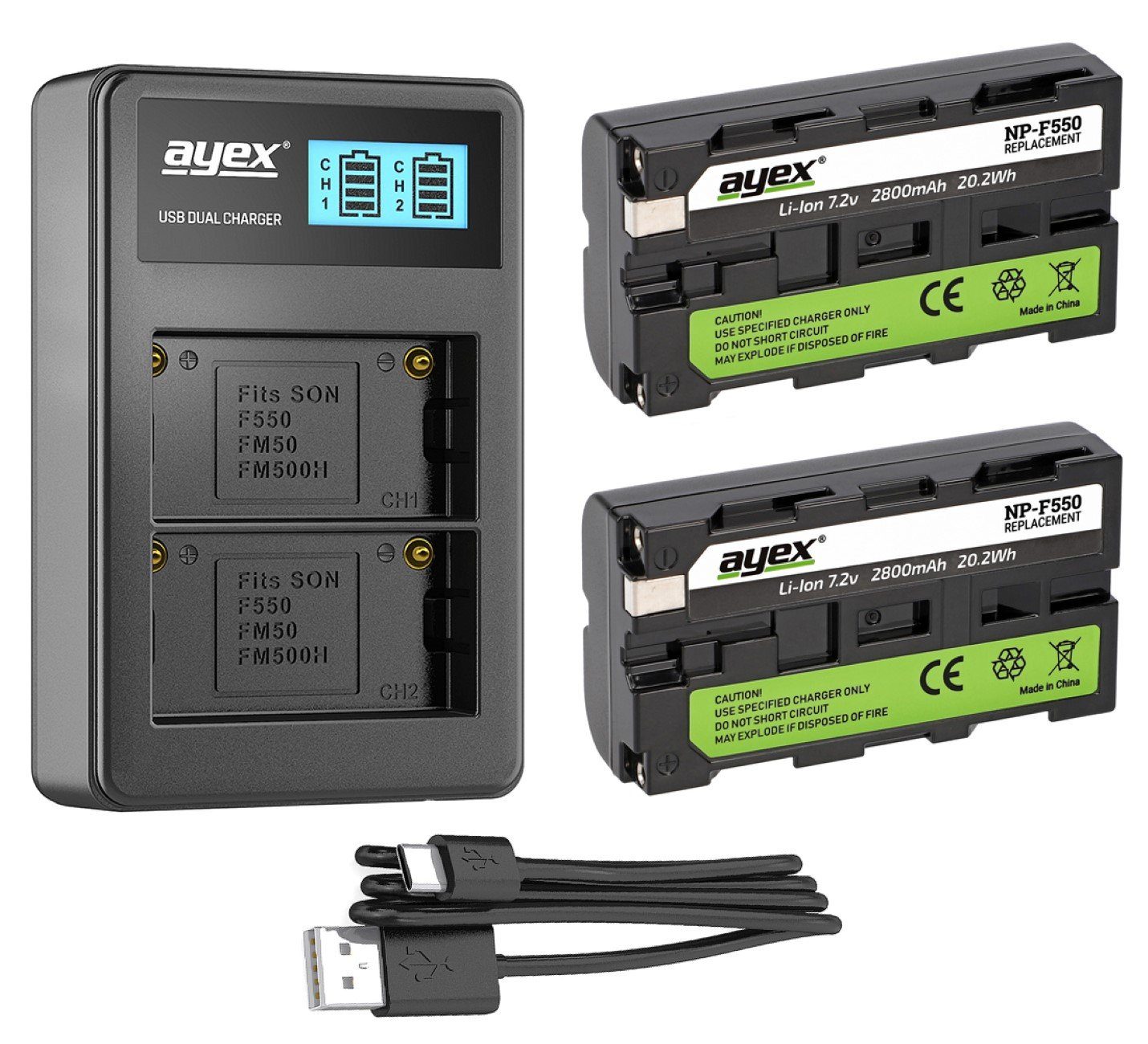 ayex + Akku Kamera-Akku NP-F550 Dual-Ladegerät für Sony 2x USB