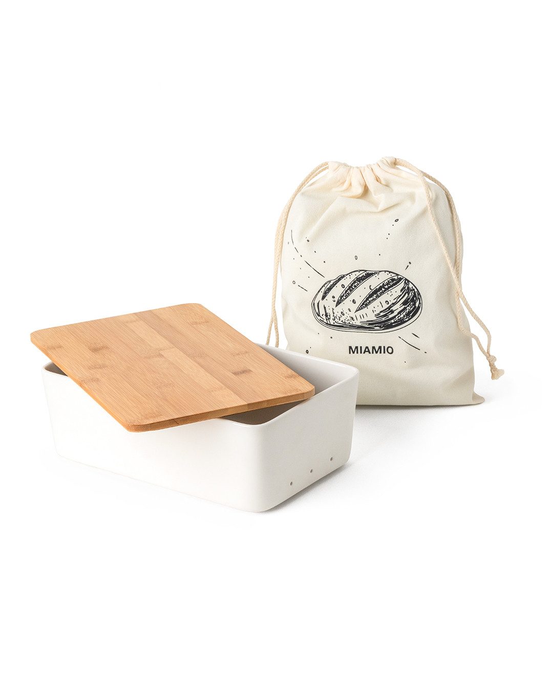 MiaMio Brotkasten Brotkasten Keramik mit Bambusdeckel Weiß, Keramik