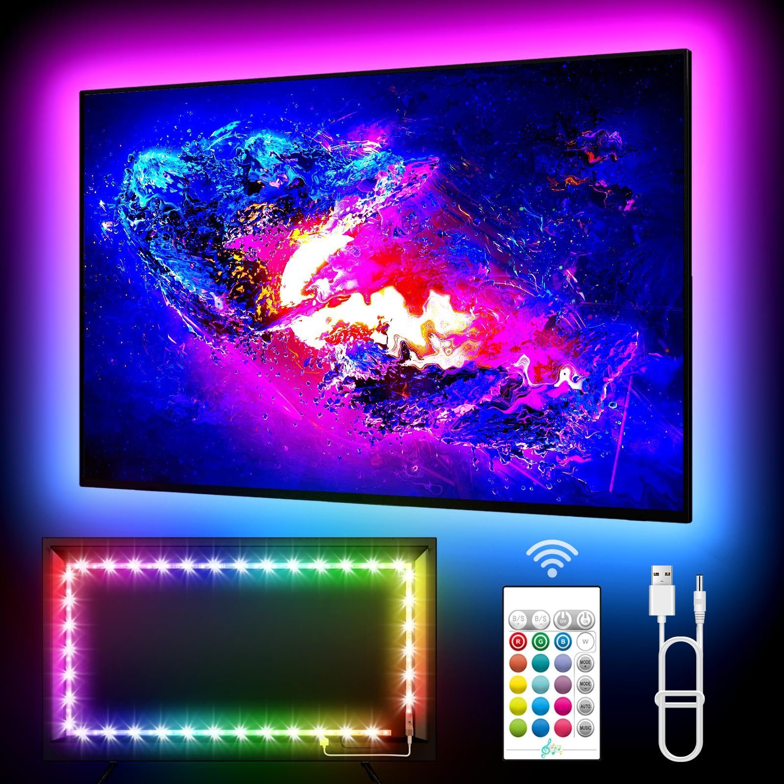 Rosnek LED Stripe 2/5M, RGB, APP/Fernbedienung, USB, für Schlafzimmer TV, LED Hintergrundbeleuchtung Computer Monitore Deko