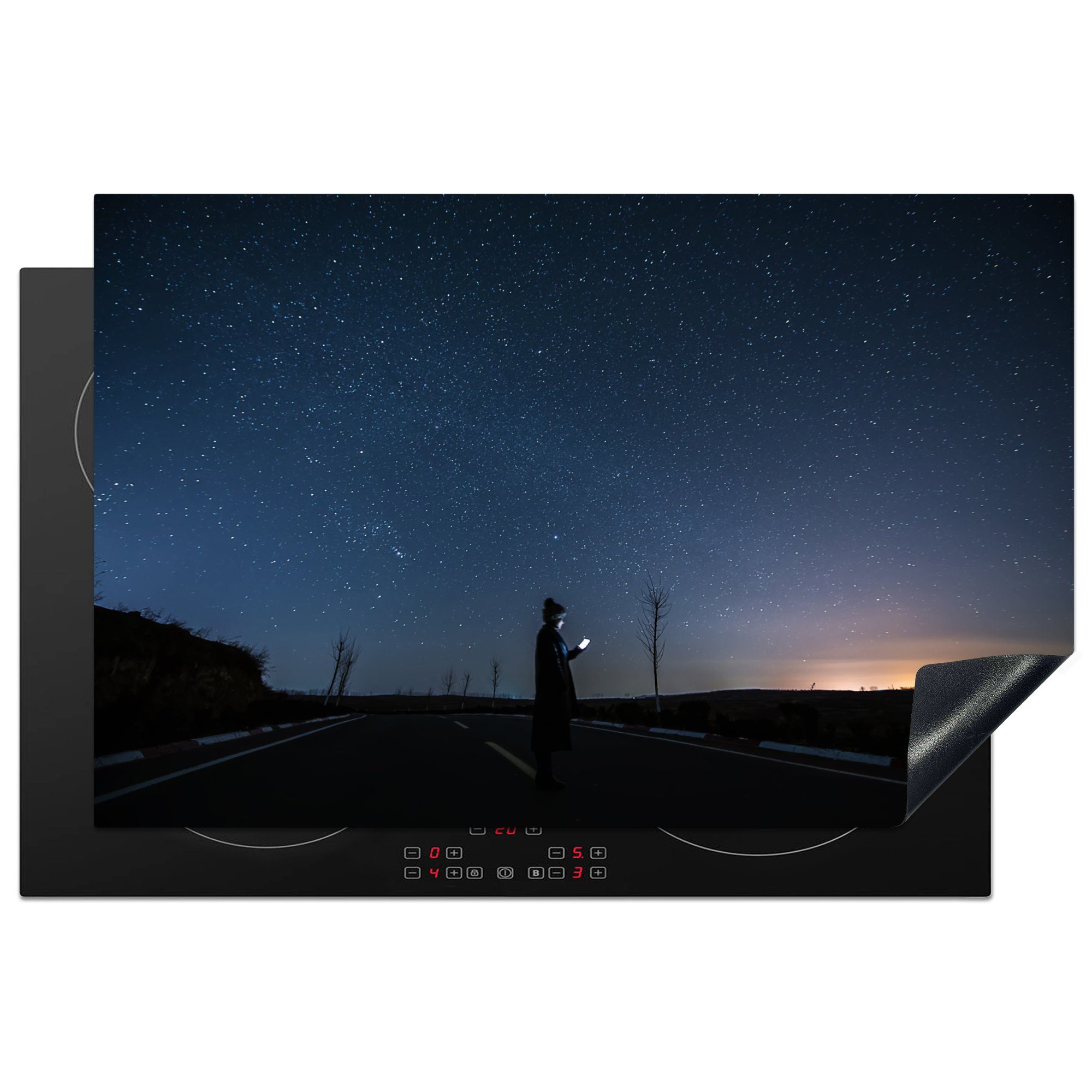 MuchoWow Herdblende-/Abdeckplatte Ein einsamer Mensch unter dem nächtlichen Sternenhimmel, Vinyl, (1 tlg), 81x52 cm, Induktionskochfeld Schutz für die küche, Ceranfeldabdeckung