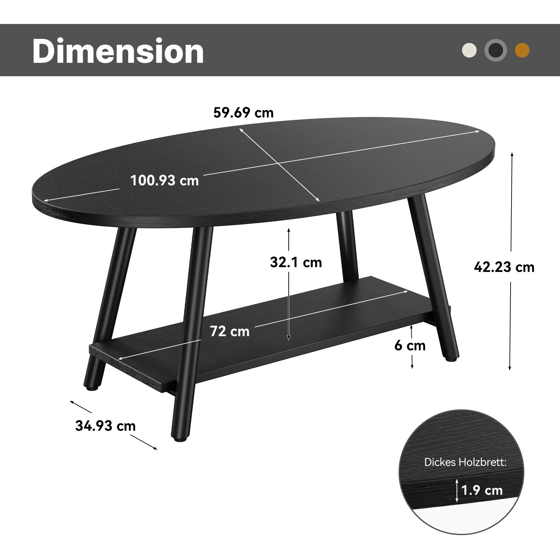 HawthyHome Couchtisch ovaler 2-stöckiger Beistelltisch mit Stauraum, 101 x 60 cm (1-St), Moderner Massivholztisch, ideal für Wohnzimmer und Schlafzimmer