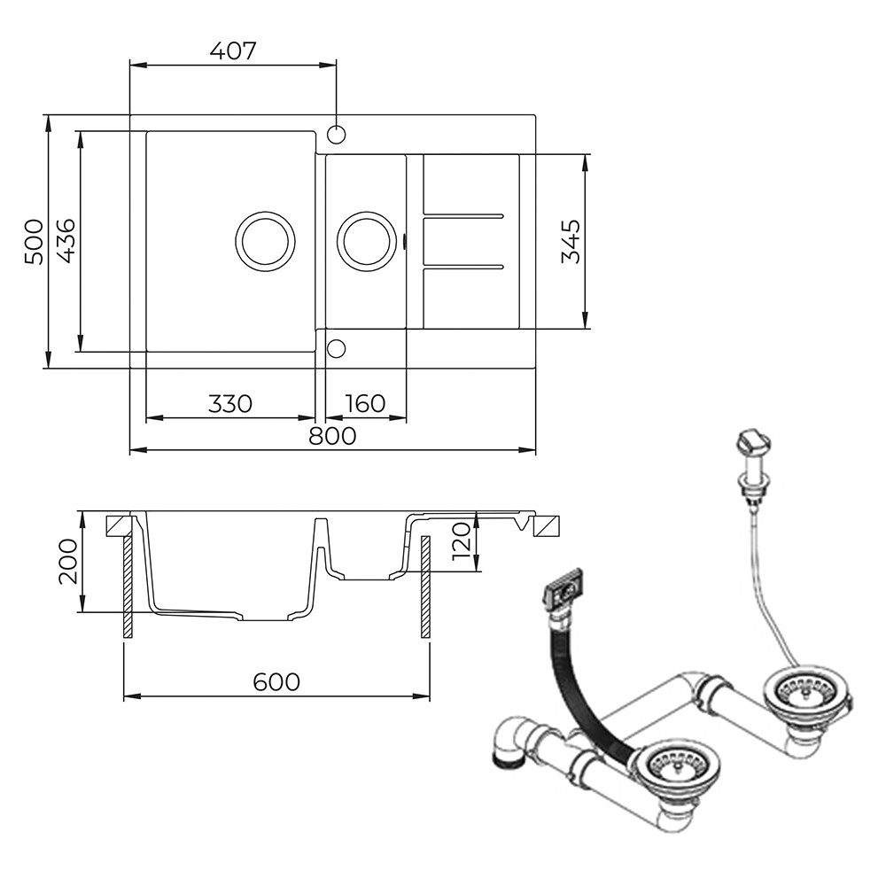 Bergstroem Granitspüle Seattle, Beige, 80 x 50 cm mit 2 Spülbecken & Trockenplatz, Rechteckig, 80/50 cm, (1 St)