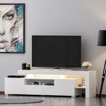 moebel17 TV-Regal TV Lowboard Weiß mit LED Beleuchtung Hochglanz 904, modernes TV Lowboard in Weiß mit kratzfester Melaminschicht.
