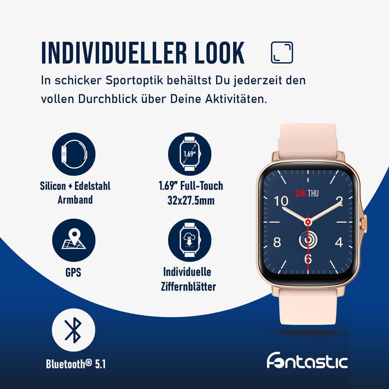 fontastic Talis Smart Watch mit Blutdruckmessung, Schlaftracker & App Smartwatch (1,69 Zoll)